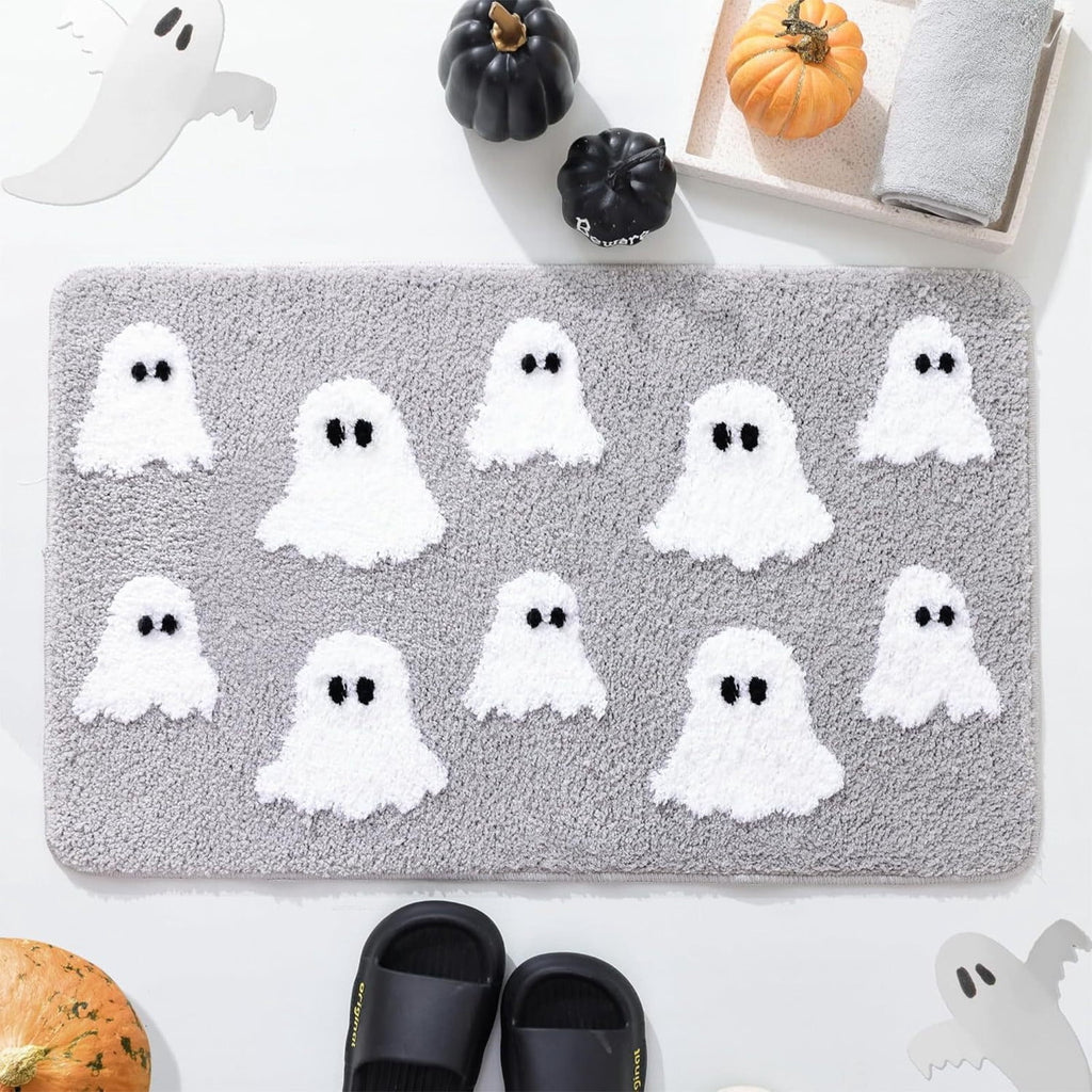 Halloween Doormat Ghost Bath Mat 23.6x15.7in Secure-Grip Absorbent Soft Faux Fur Rug for Bathroom Bedroom Living Room Decor by OVFUIZ