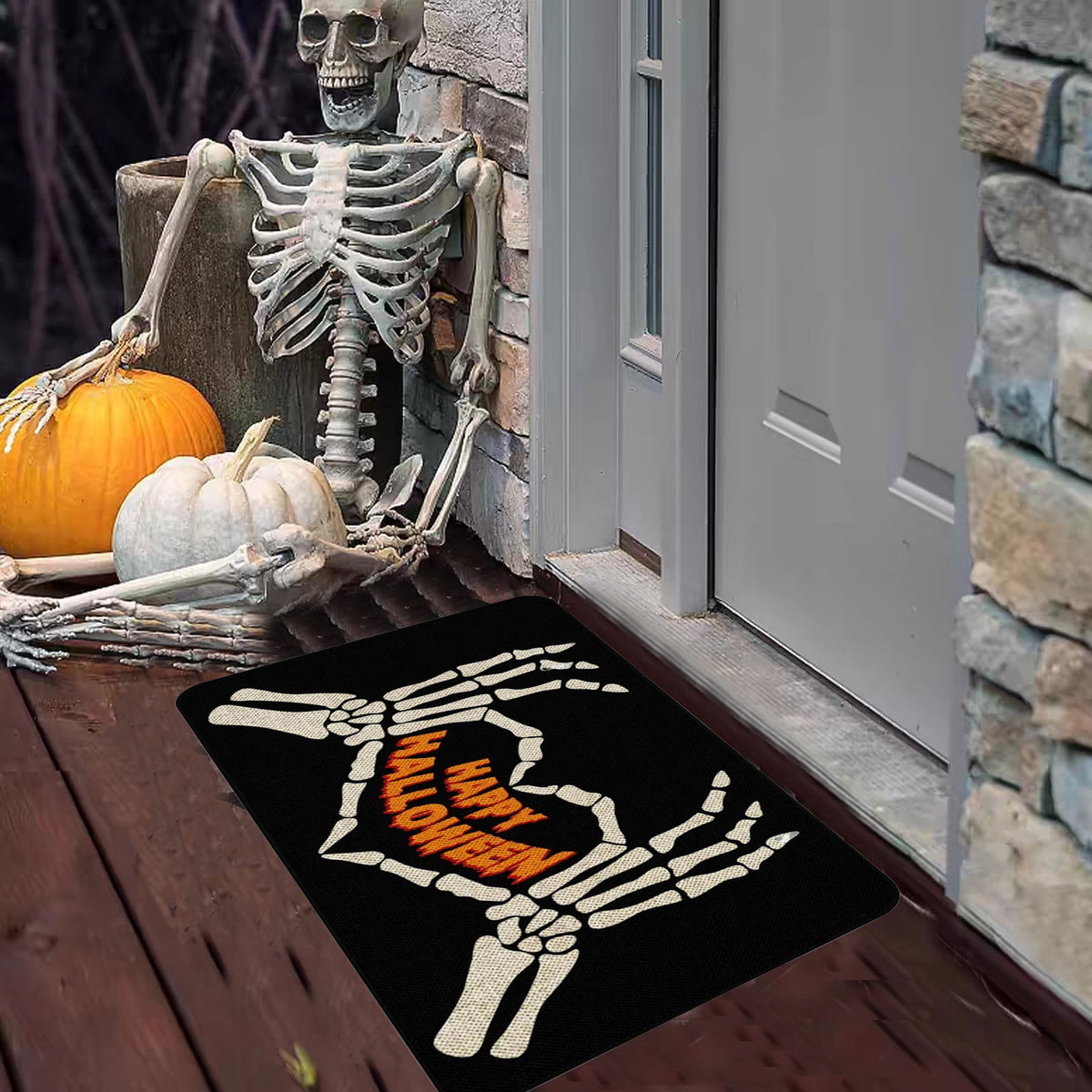 Orange Plaid Fall Outdoor Mat, Hand-Woven Porch Rug for Thanksgiving Halloween Door Decor
