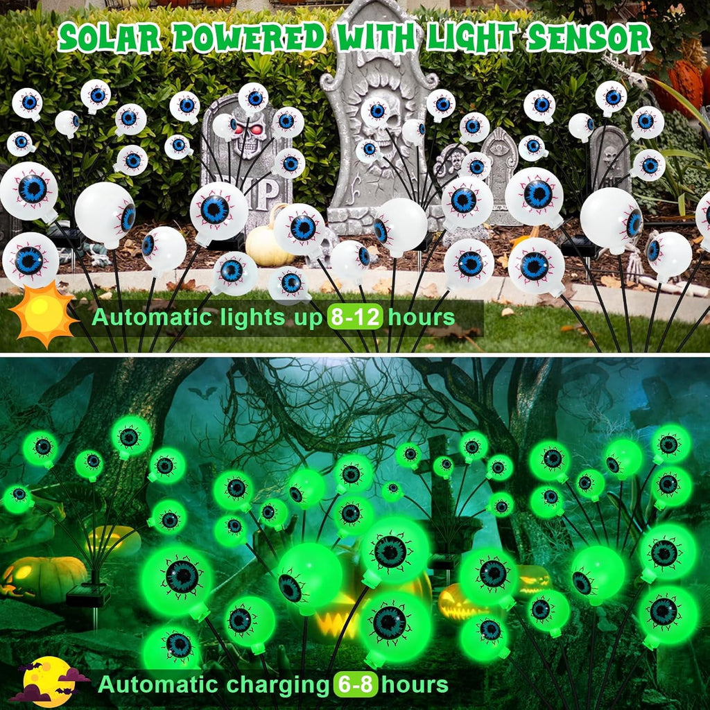 Morfone Halloween Decorations Outdoor, 2 Pack 12 LEDs Solar Scary Eyeball Lights, Waterproof Eyeball Swaying Firefly Lights, Halloween Path Lights for Garden Yard Party, Green