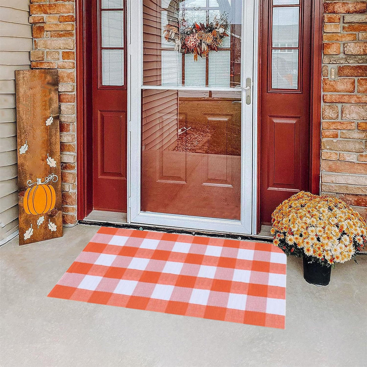 Fnochy Halloween Door Mat Outdoor 23.6"x35.4", Fall Decor Buffalo Plaid Outdoor Rug, Farmhouse Checkered Layered Welcome Door Mat for Entryway, Halloween Front Porch Decor, Orange and White