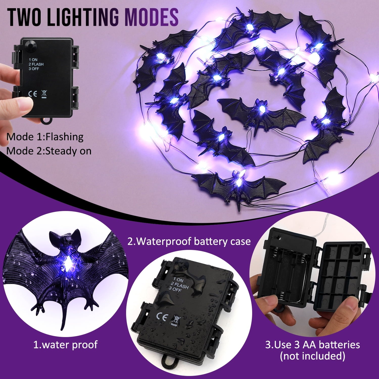 Ayieyill Bats Halloween Lights, 9.8FT 30 LED Halloween String Lights for Indoor Outdoor Halloween Decorations and Halloween Decor