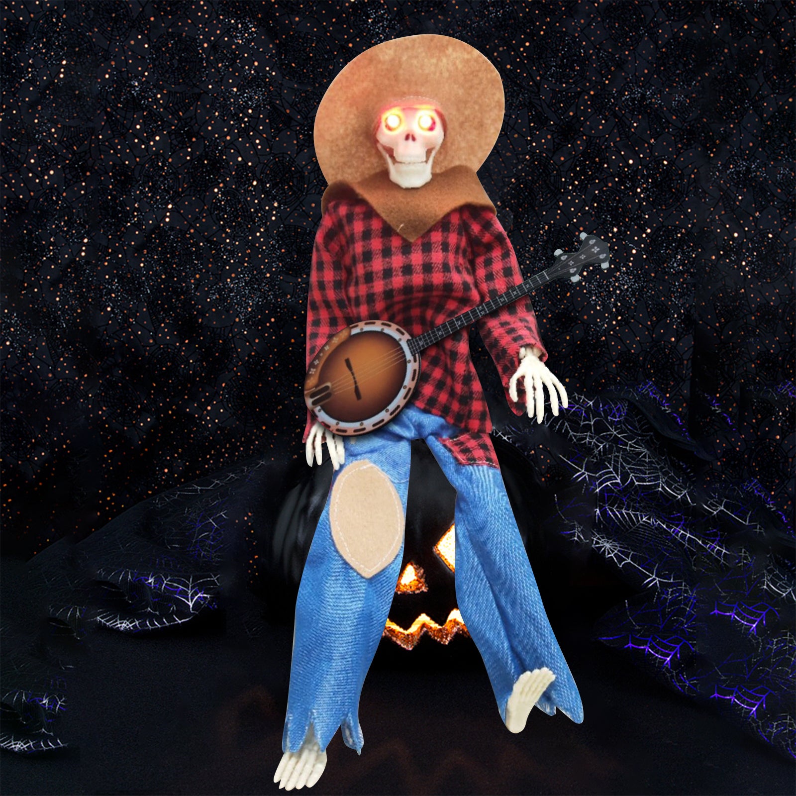 15" Animated Banjo Cowboy Skeletons with Clothes and Hat for Party Shelf Halloween Decorations(Red)