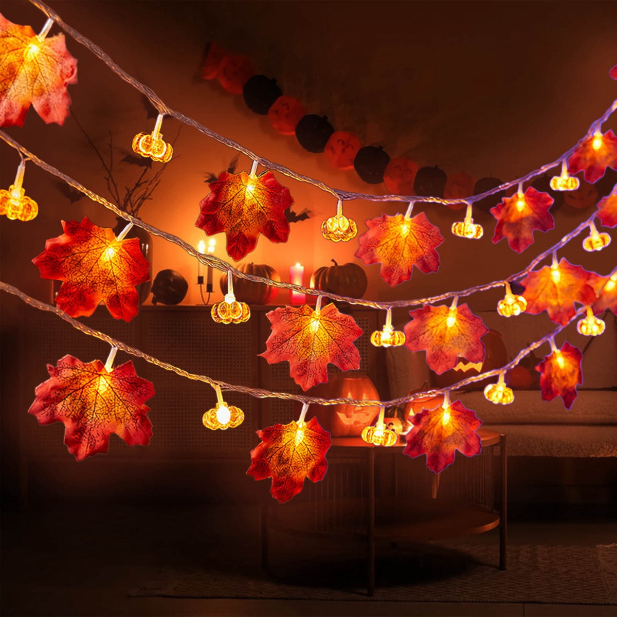 ASXITE Pumpkins Garland Lights Fall Decorations,String Lights Indoor Outdoor,Maple Leaf Pumpkin Lantern String Lantern String Thanksgiving Maple Leaf Lantern Halloween Pumpkin Decorative