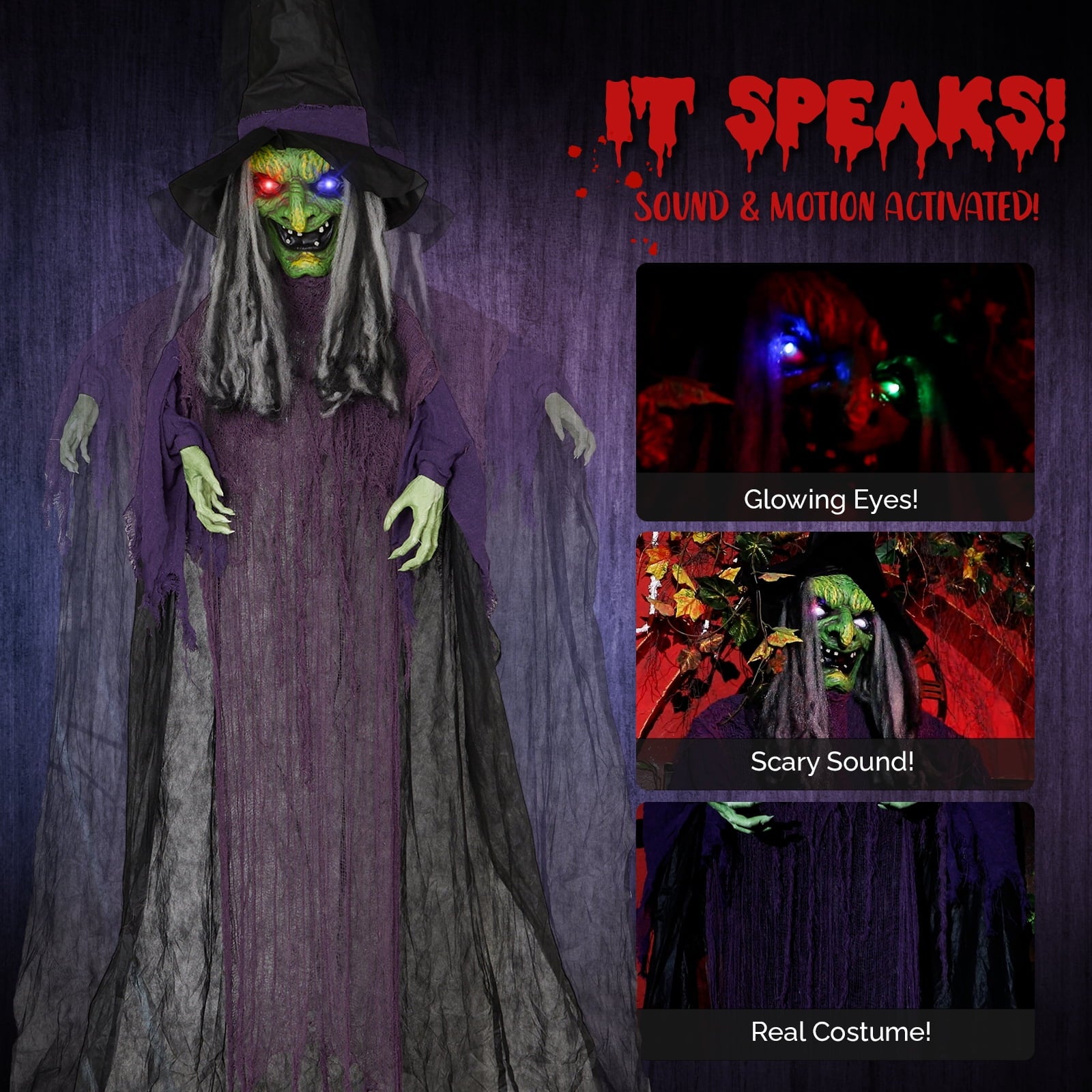 12ft Witch Animated Animatronic Decoration Creepy Halloween Hanging Witch w/ Pre-Recorded Screaming Ktaxon