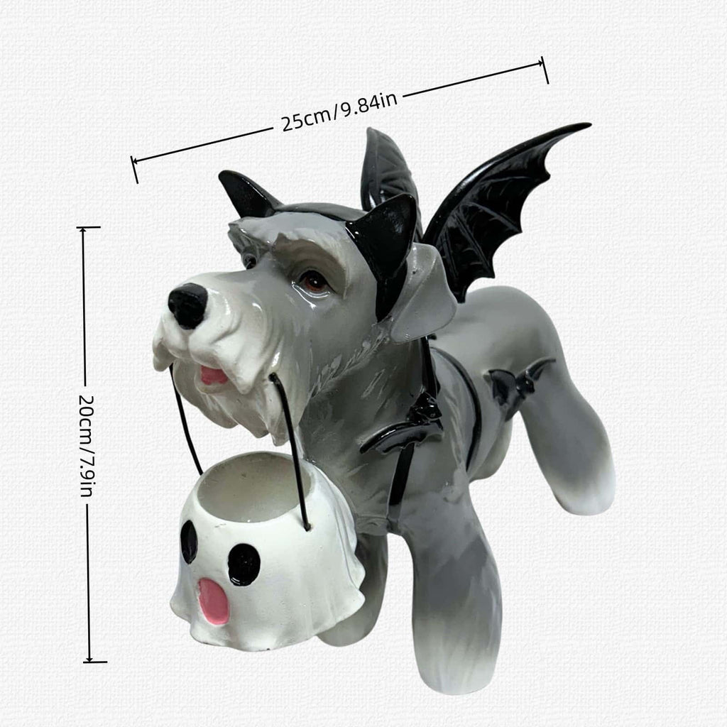 Clearance Halloween Schnauzer Bat Figurine with Ghost Bucket, 8 inch Resin Cute Dog Gifts Tabletop Decor