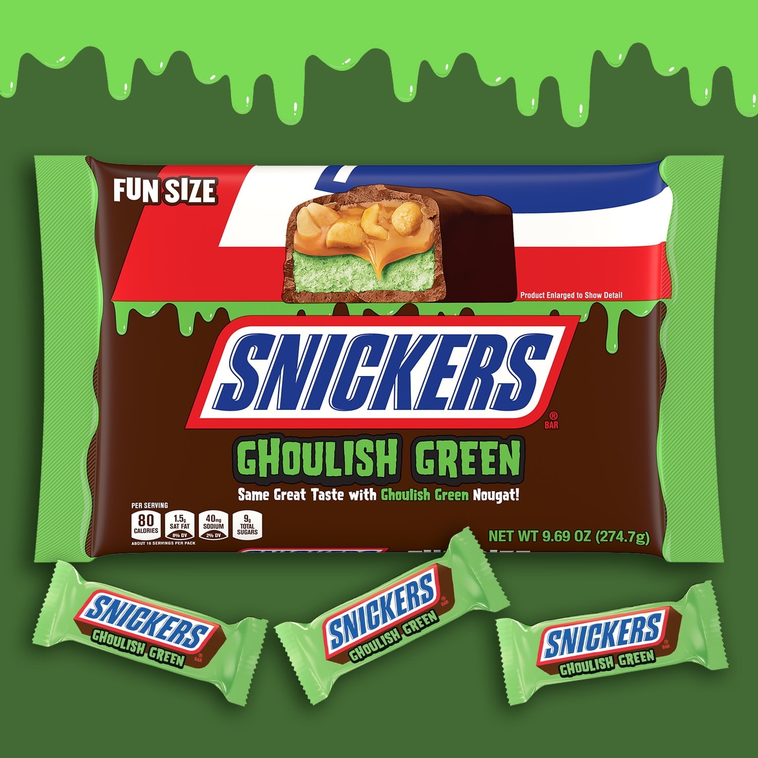 Snickers Ghoulish Green Milk Chocolate Halloween Candy Bars - 9.69 oz Bag