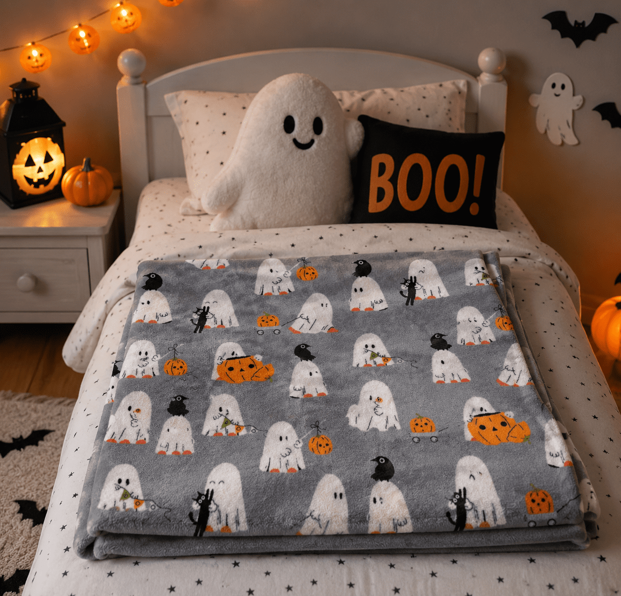 Serafina Home Halloween Throw Blanket: Fuzzy Boo! Jack O'Lantern Spider Webs Skull and Black Cats Print on Velvet Fleece for Sofa Bed Couch Chair Dorm