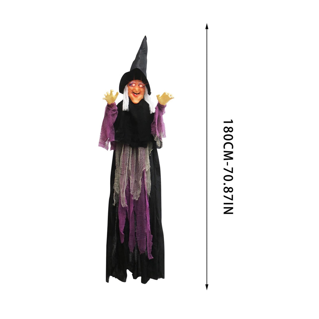 DAMAI 5.9 FT Hanging Witch Halloween Decorations Outdoor,Hanging Witch Halloween Decor,Giant Animated Standing Talking Witch with Red Eyes,Flying Witch Standing Decor for Haunted House Props