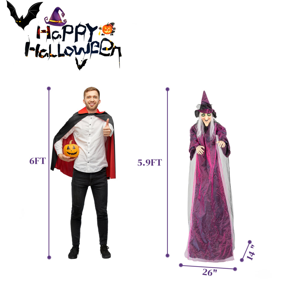 71" Life Size Hanging Talking Witch, Animated Halloween Witch with Sound Activation and Red Eyes for Outdoor & Indoor Decor - Old, Spooky and Scary Flying Animatronic Witch for Halloween Decorations