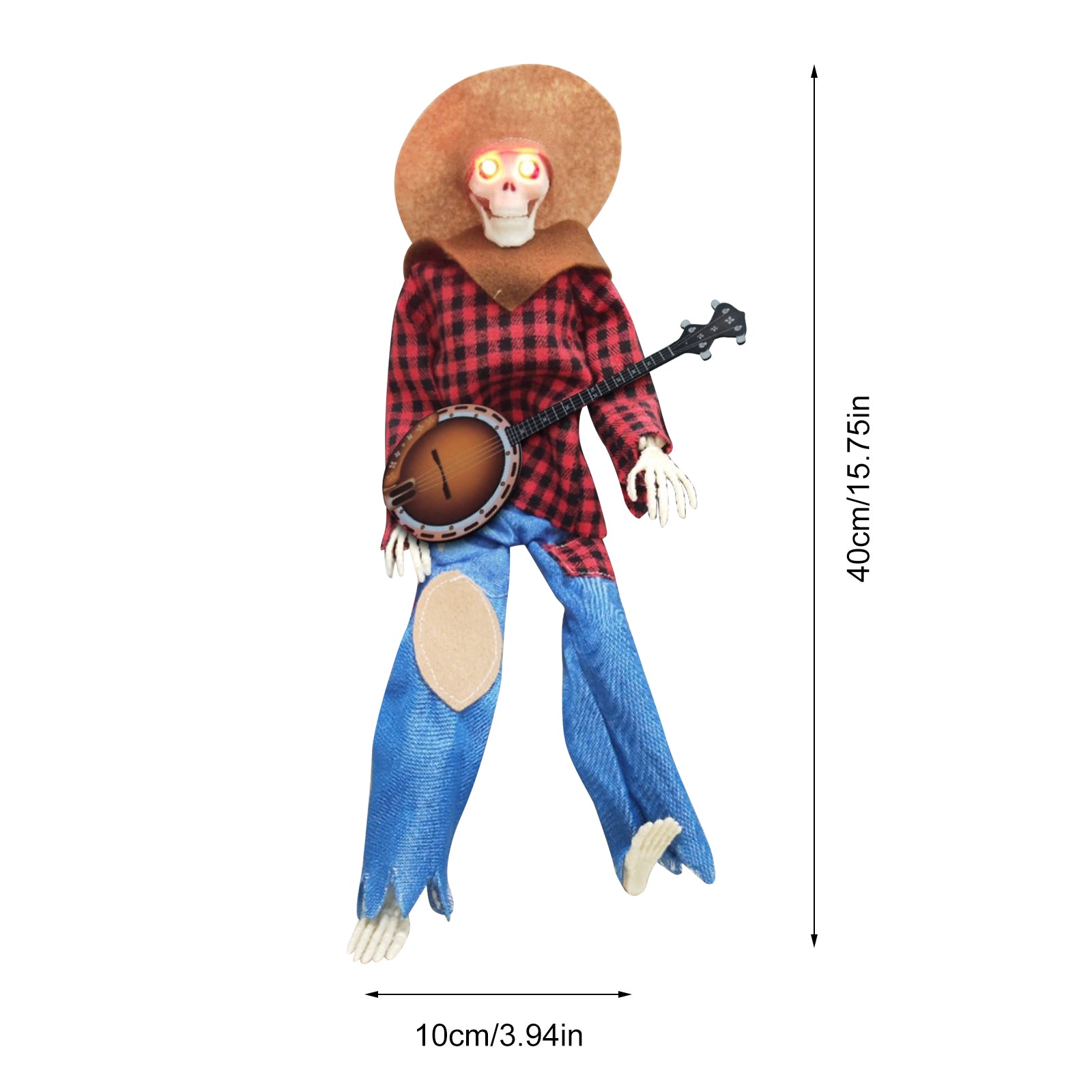 15" Animated Banjo Cowboy Skeletons with Clothes and Hat for Party Shelf Halloween Decorations(Red)