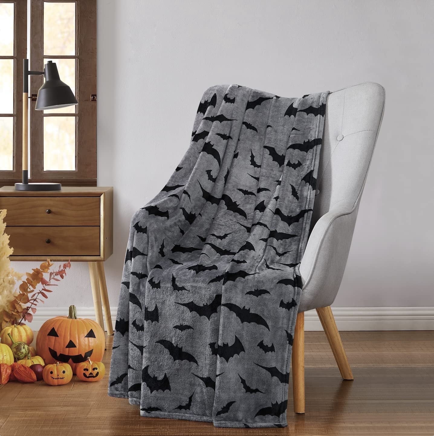 Serafina Home Halloween Throw Blanket: Fuzzy Boo! Jack O'Lantern Spider Webs Skull and Black Cats Print on Velvet Fleece for Sofa Bed Couch Chair Dorm