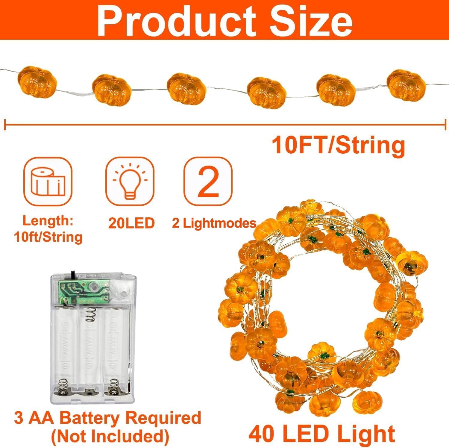 Halloween Fall Decorations, 1 Pack 3D Halloween Lights Total 10Ft 10/20/30LED Warm White Pumpkin String Lights Battery Operated Orange Lights for Halloween Decorations Party Indoor, 1/2/3 Meters