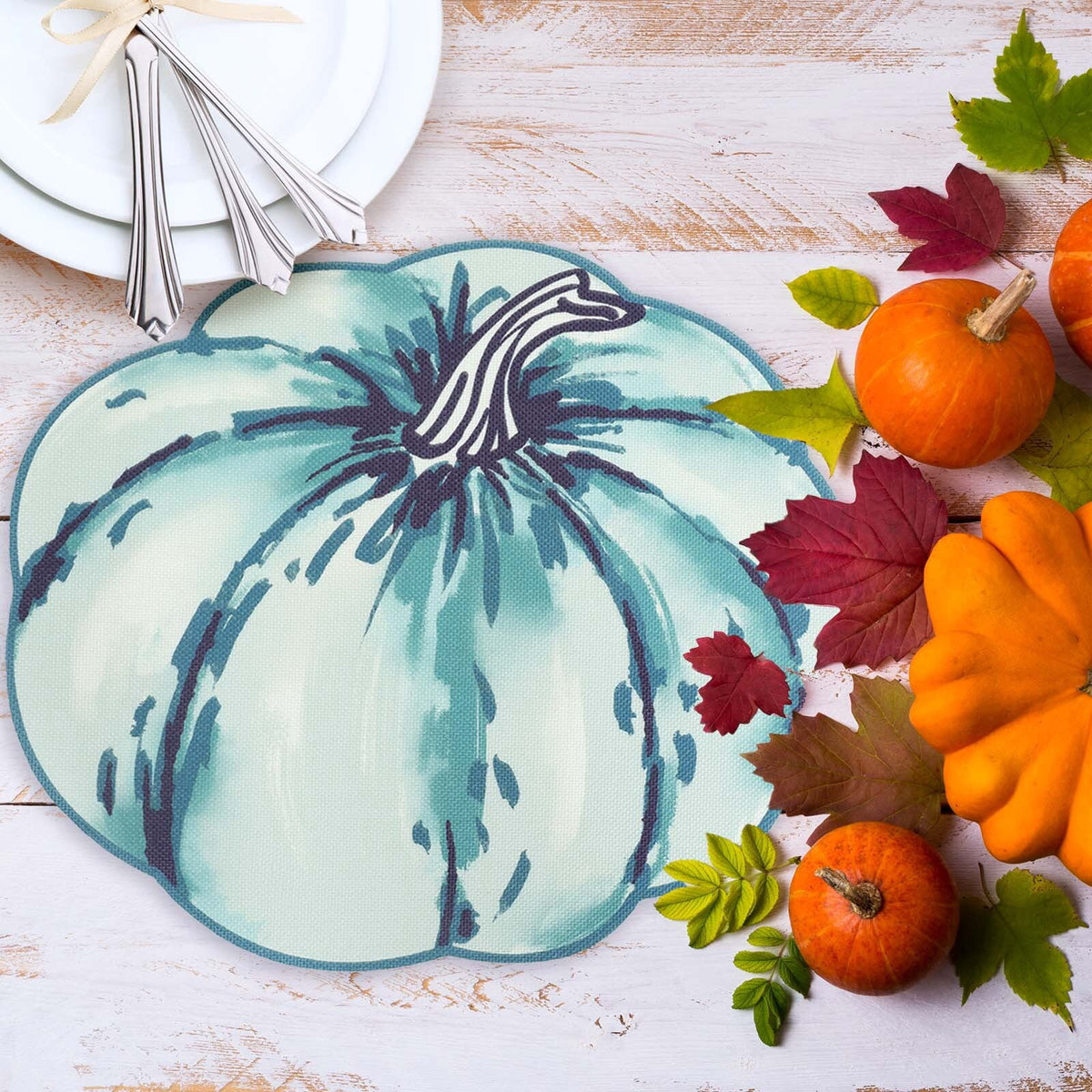 OVZME 4PCS Fall Placemats, Autumn Printed Pumpkin Place Mats for Kitchen Dining Table, Thanksgiving Harvest Halloween Holiday Decor Placemat, Water-Proof, Each 13" x 15", Dark Blue