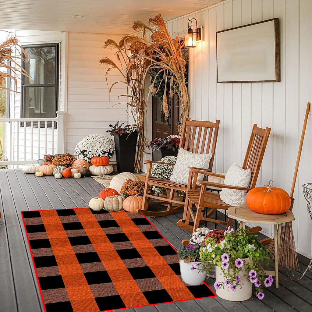 Orange Plaid Fall Outdoor Mat, Hand-Woven Porch Rug for Thanksgiving Halloween Door Decor