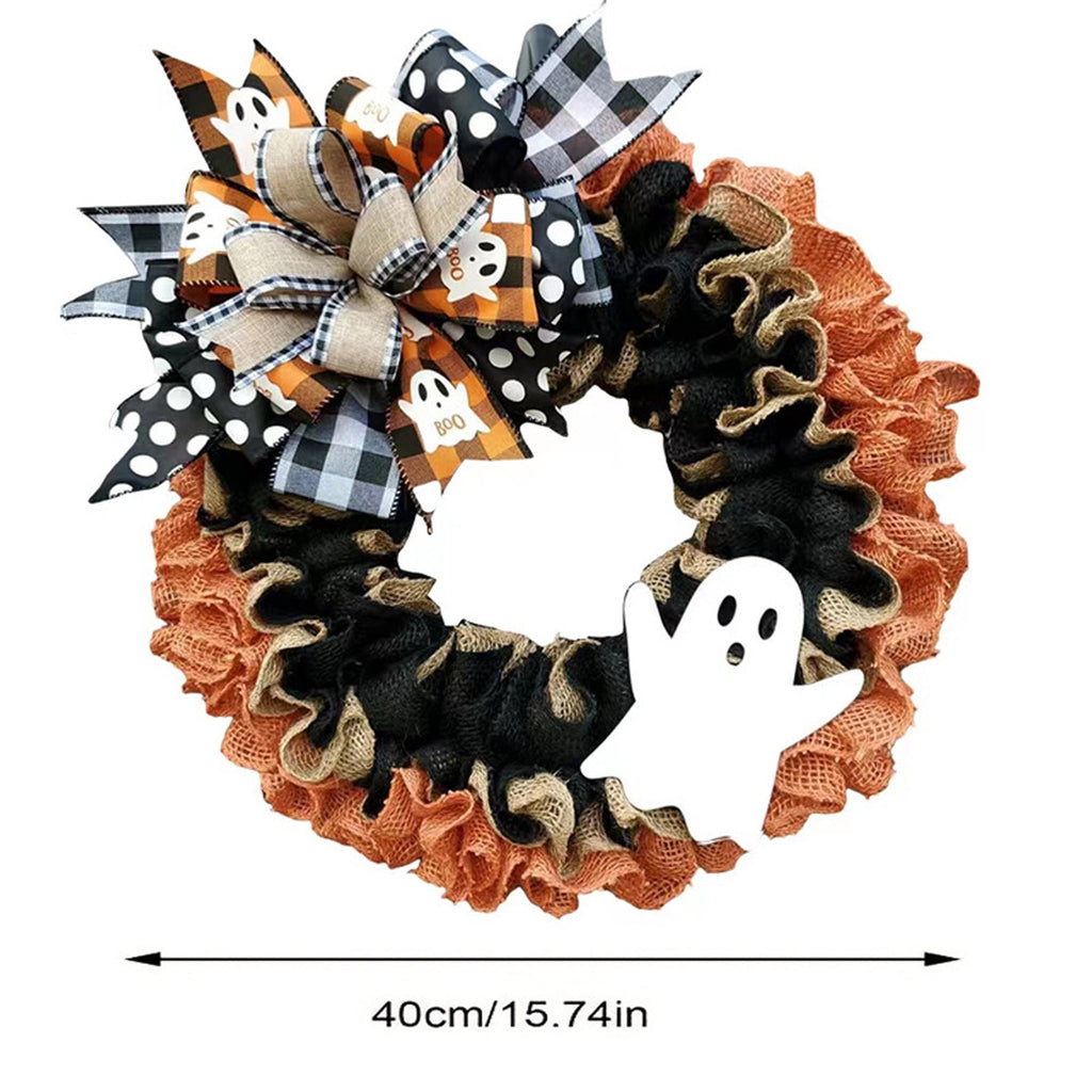 Halloween Halloween Wreath Buffalo Plaid Bow Ribbon Ghost Artificial Wreath, Festival Garland Decoration