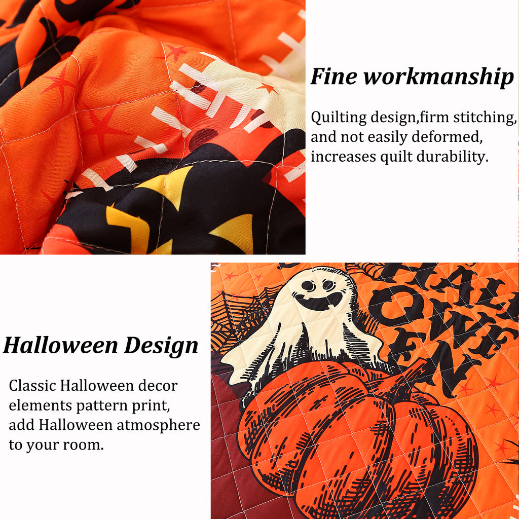 Evenhug Halloween Quilt Set,3-Piece Queen Size Bat Crow Pumpkin Halloween Themed Bedding Set Reversible Coverlet Set with 2 Pillow Shams