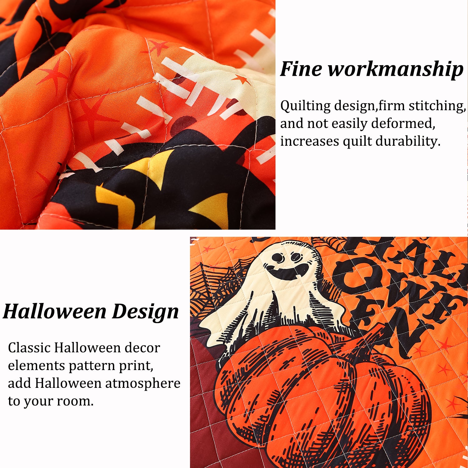 Evenhug Halloween Quilt Set,3-Piece Queen Size Bat Crow Pumpkin Halloween Themed Bedding Set Reversible Coverlet Set with 2 Pillow Shams