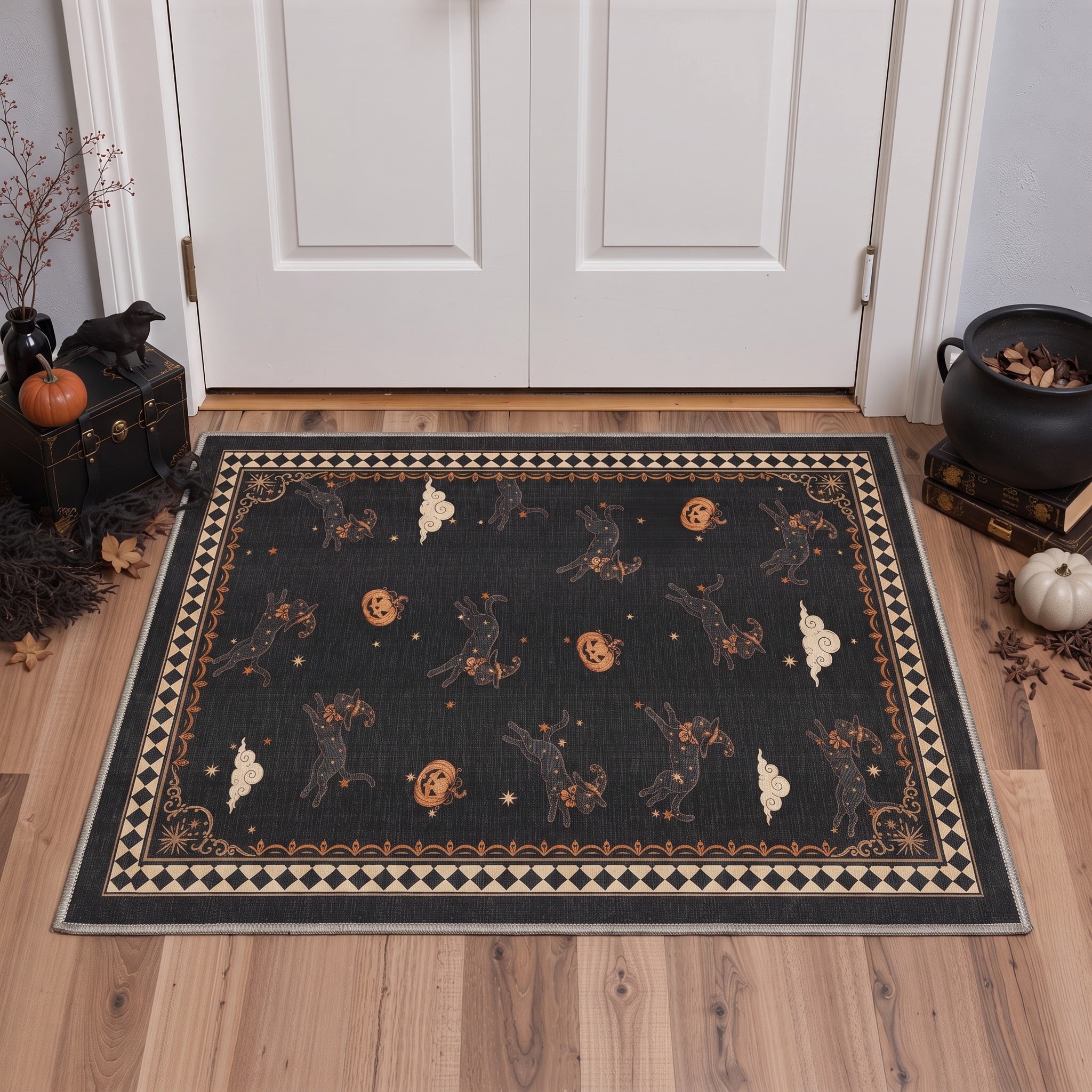 GENIMO 2'x7' Halloween Runner Rug, Washable Non Slip Soft Whimsical Skeleton Indoor Outdoor Hallway Runner for Porch Patio Kitchen Entryway, Charcoal Black