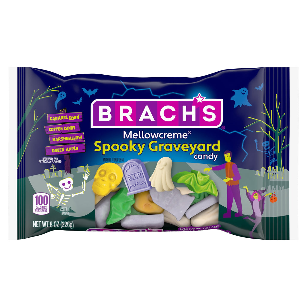Brach's Mellowcreme Spooky Graveyard Halloween Candy, 4 Flavors and 4 Shapes, 8 oz Bag
