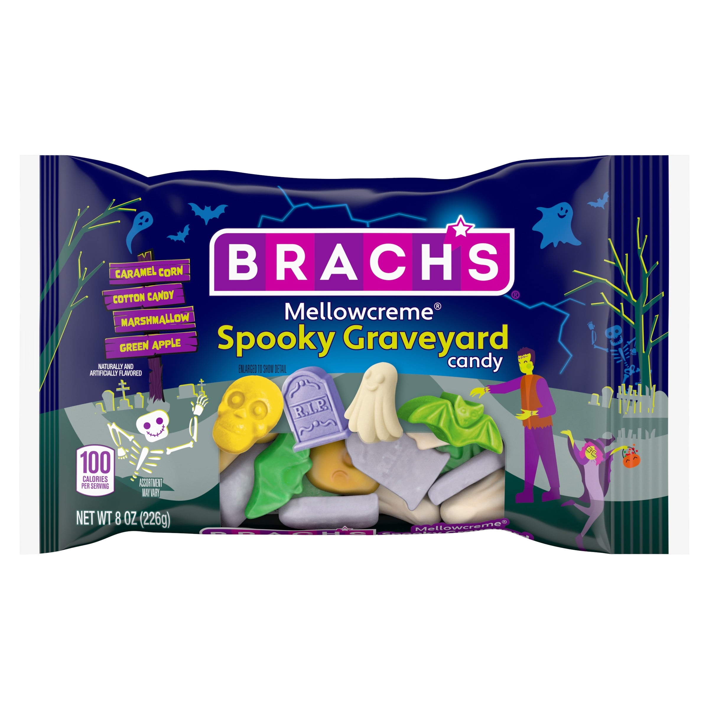 Brach's Mellowcreme Spooky Graveyard Halloween Candy, 4 Flavors and 4 Shapes, 8 oz Bag