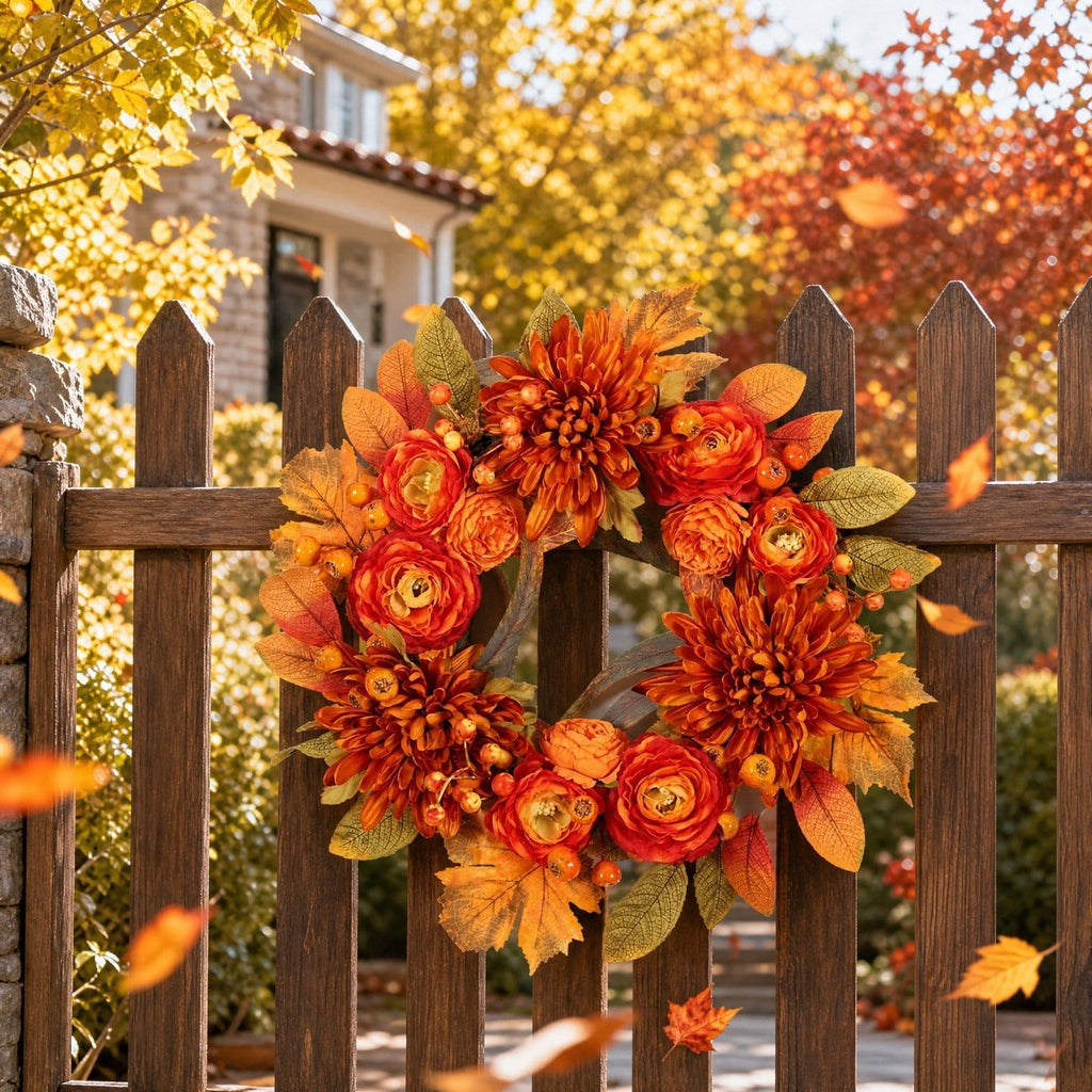 HOARBOEG Autumn Harvest Sunflower Wreath, Artificial Pumpkin Maple Leaf Fall Wreath for Front Door, 21.65 in Thanksgiving Wall Hanging Decor, Outdoor Indoor Harvest Decor