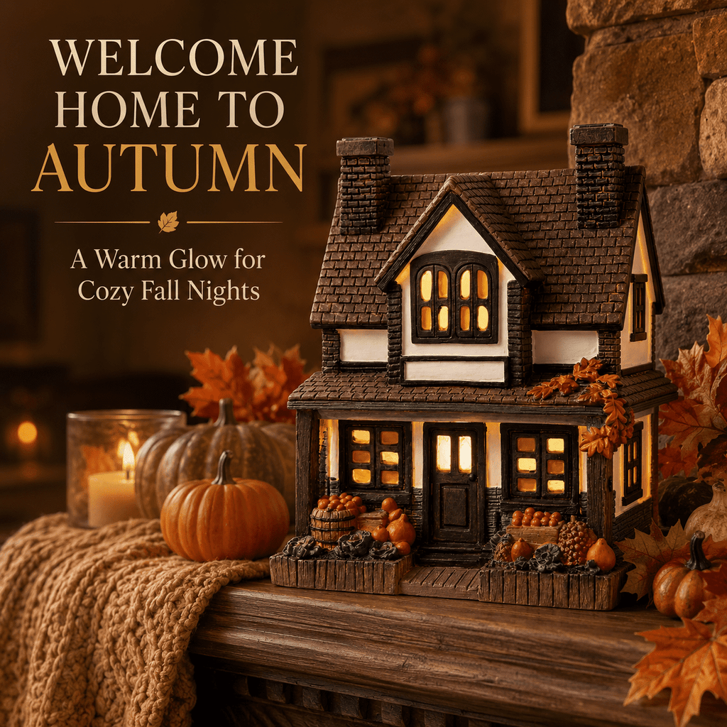 Fall Harvest Light Up Cottage House, LED Resin Pumpkin Autumn Halloween Thanksgiving Tabletop Decor with Warm Glow for Mantel Shelf Home Office Seasonal Decoration, 6" (1 PC)