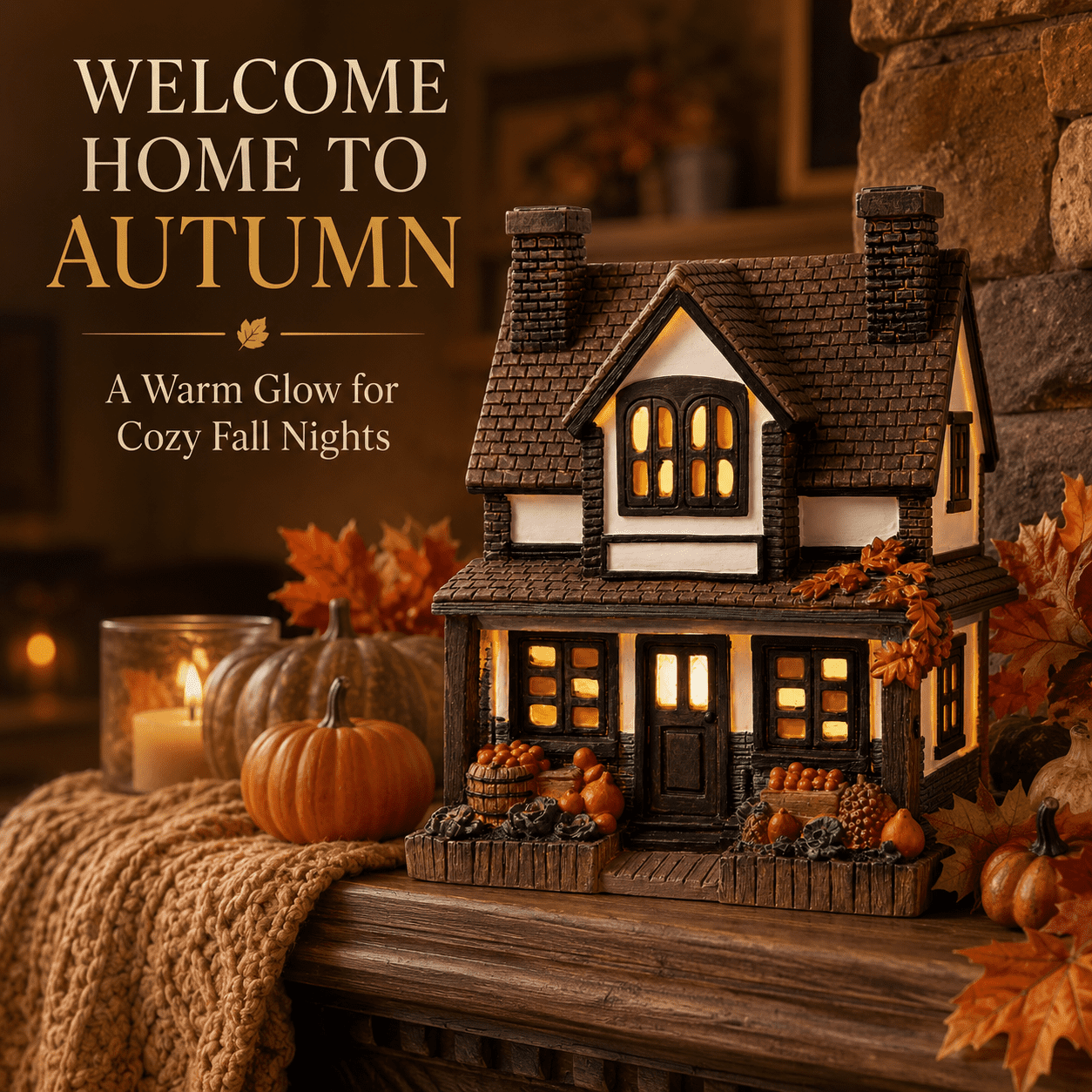 Fall Harvest Light Up Cottage House, LED Resin Pumpkin Autumn Halloween Thanksgiving Tabletop Decor with Warm Glow for Mantel Shelf Home Office Seasonal Decoration, 6" (1 PC)
