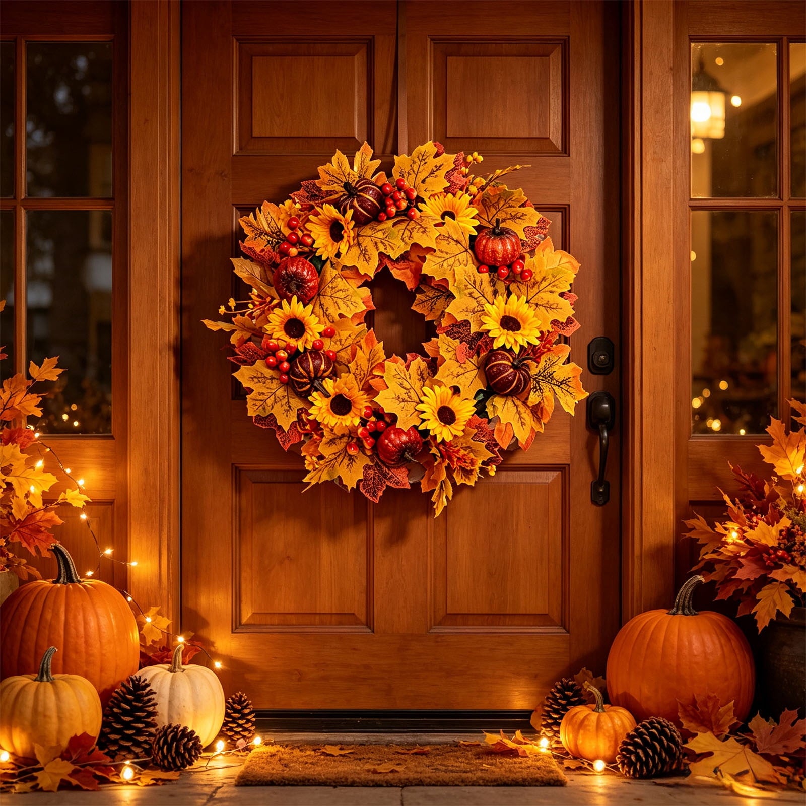 HOARBOEG Handmade Wrought Iron Maple Leaf Wreath, Thanksgiving Rudolph Fall Harvest Door Hanging, Orange Metal Autumn Wreath with Berries, Garden Wall Decor, 15.75 in
