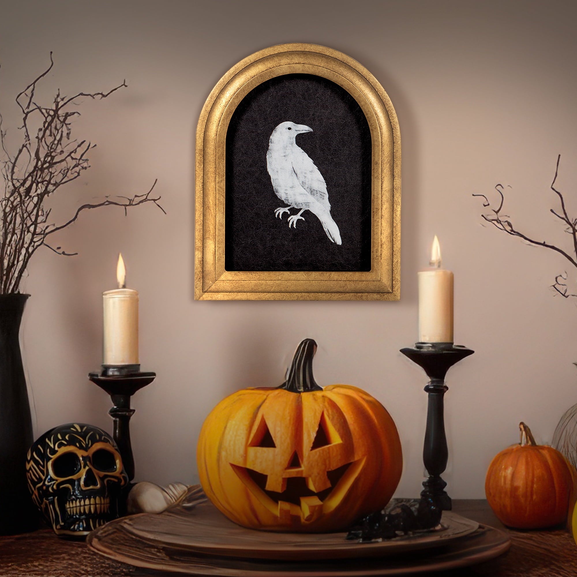 My Texas House B&W Crow Halloween Art 8x10 Antique Gold Arch MDF Framed Antique Paper