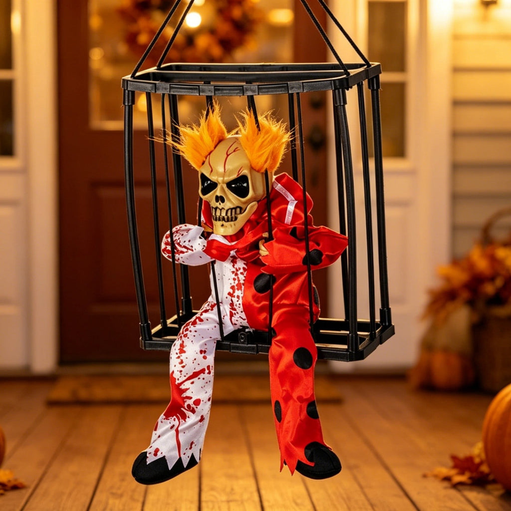 Sahpxhe Halloween Decorations Hanging Ghost Decor, Animated Shaking Caged Skeleton Prisoner with Glowing Red Eyes for Indoor Living Room Party Decor Watermelon Red