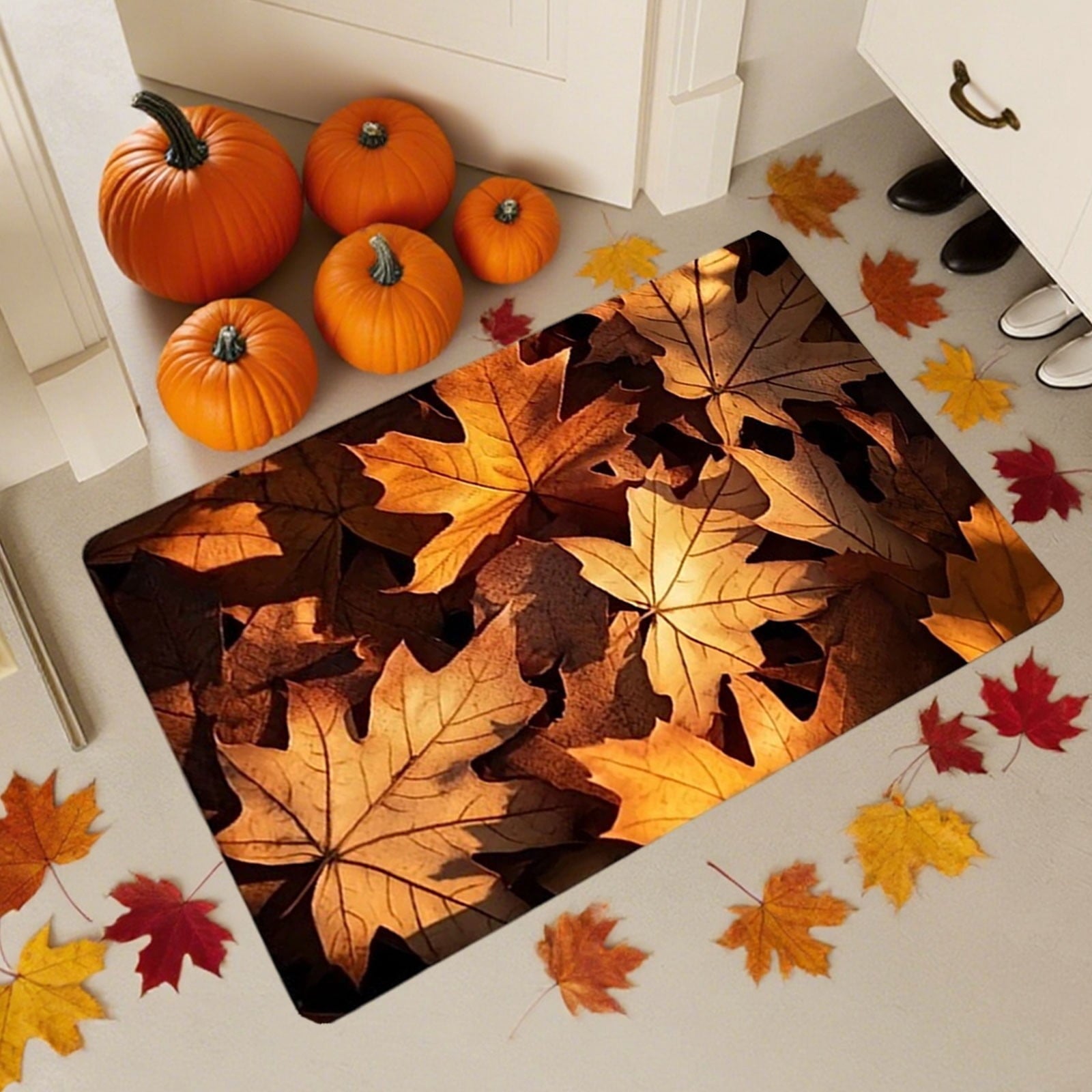 AYktou Fall Bathroom Rugs, Halloween Maple Leaves Pumpkin Kitchen Mats for Floor Warm-Colored Area Rug Thanksgiving Decor Carpets, Home Fall Holiday Party Harvests Grateful Blessed Doormat