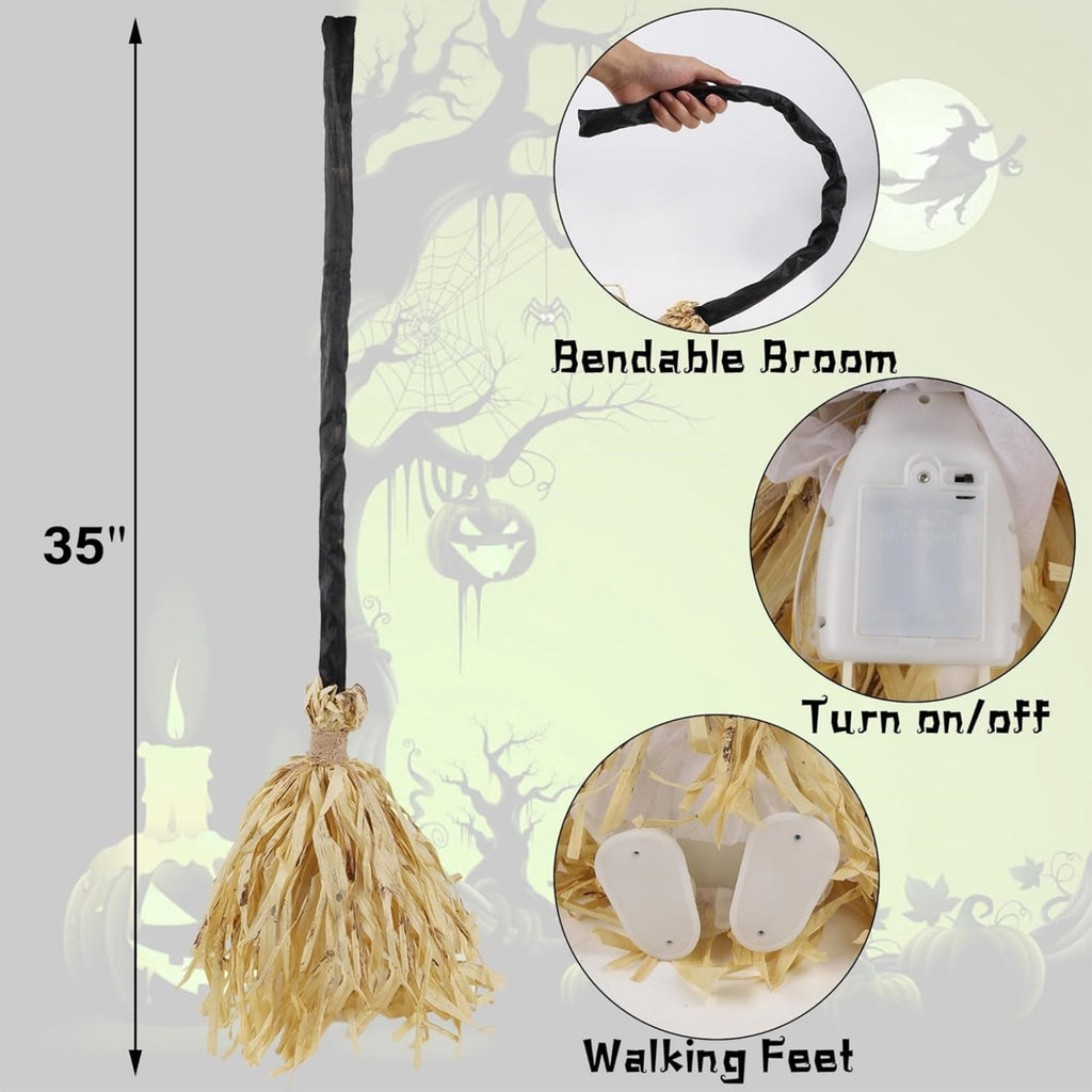 Witch Broom Halloween Decor - Animated Light Up Moving Broomstick with Spooky Sounds | Dancing for Home, Porch & Party 1PC