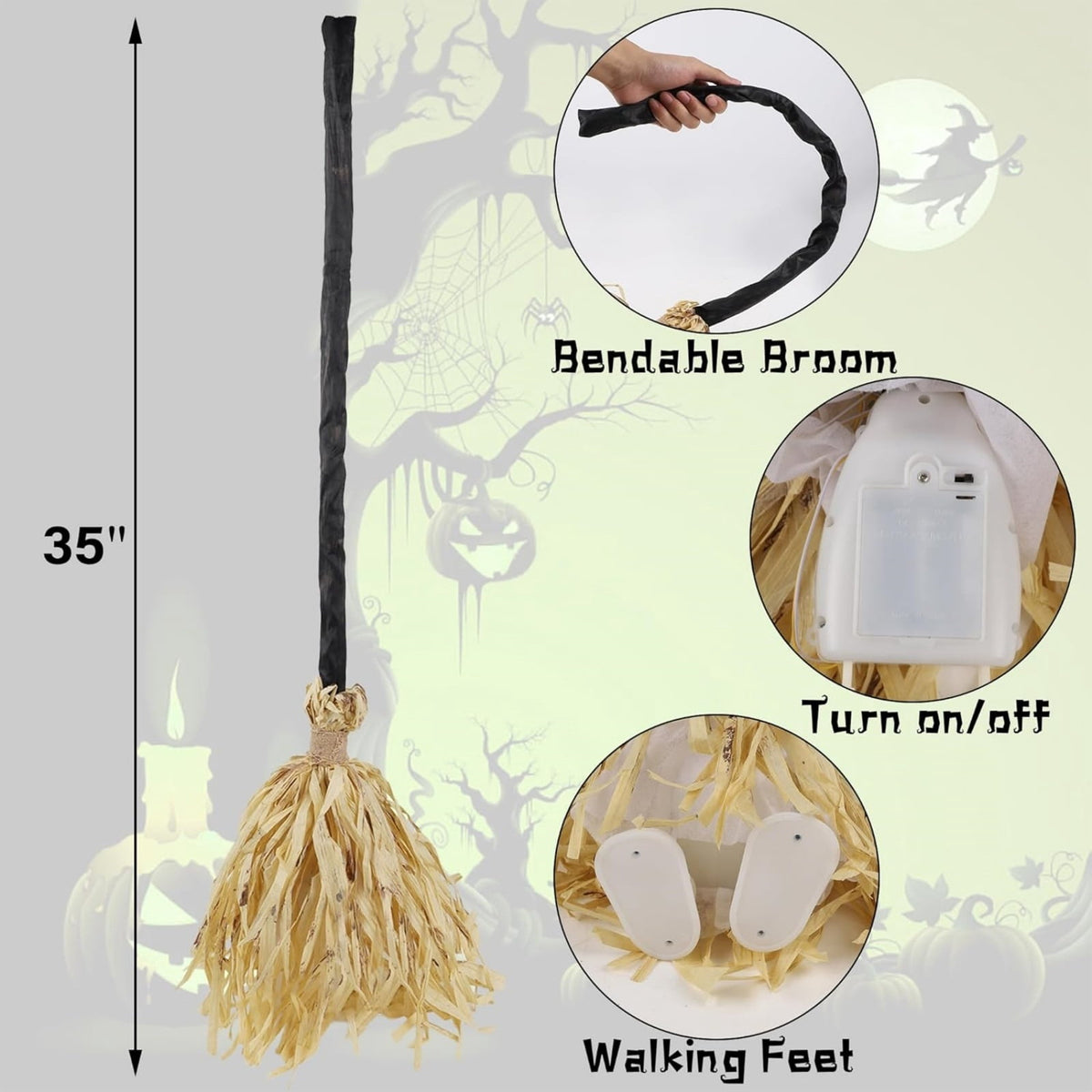Witch Broom Halloween Decor - Animated Light Up Moving Broomstick with Spooky Sounds | Dancing for Home, Porch & Party 1PC