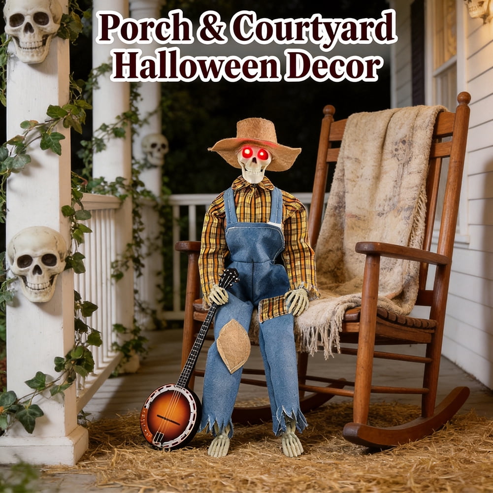 15" Animated Banjo Cowboy Skeletons with Clothes and Hat for Party Shelf Halloween Decorations(Red)