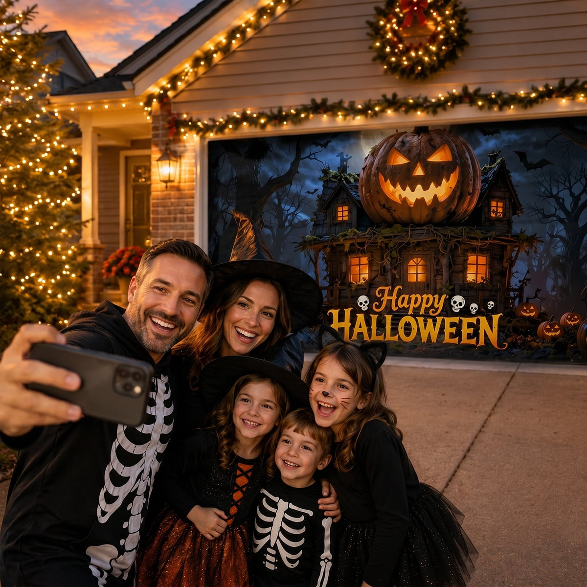 Lifestance Halloween Garage Door Banner, 16 x 7 ft Haunted Pumpkin Manor Garage Door Cover, Outdoor Halloween Decoration with Hanging Kit for Parties, Home & Yard Décor