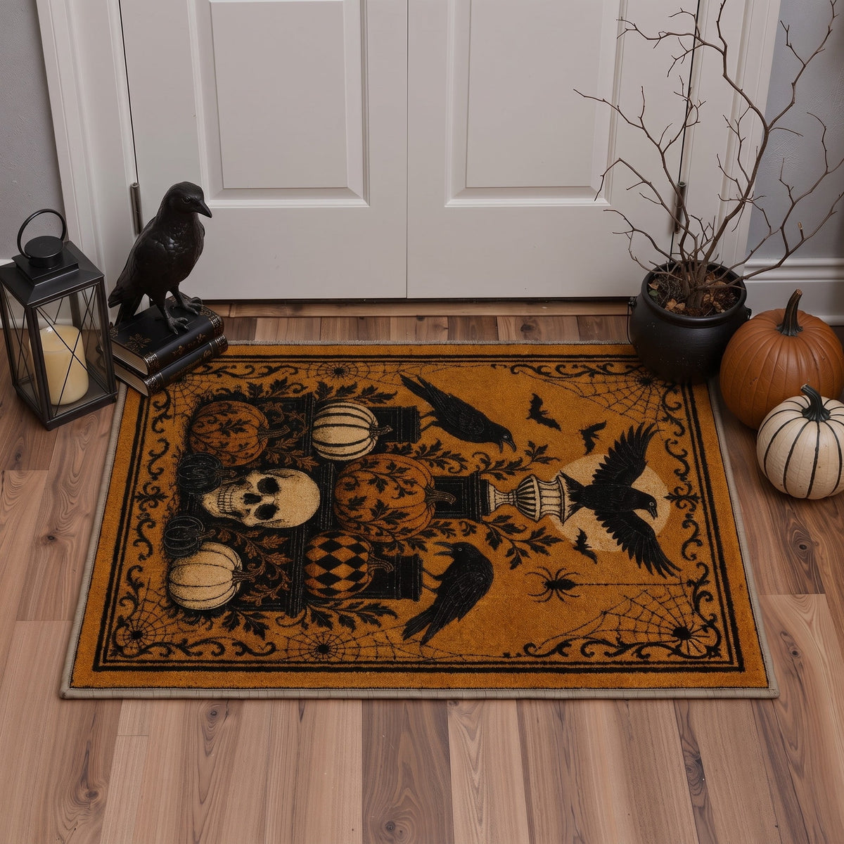 GENIMO 2'x7' Halloween Runner Rug, Washable Non Slip Soft Gothic Raven Indoor Outdoor Hallway Runner for Porch Patio Kitchen Entryway, Rust Orange