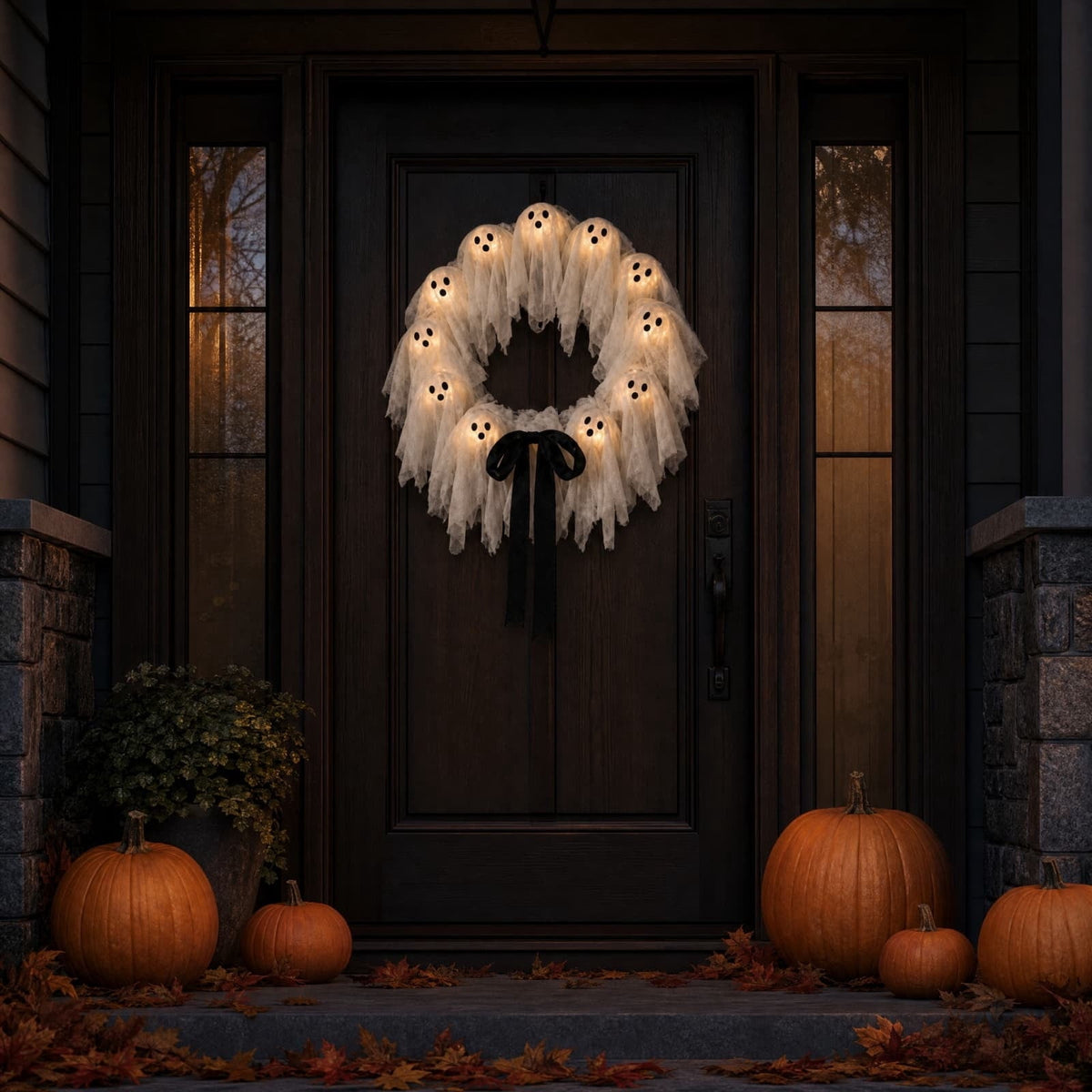 Gcvizuso Halloween Crescent Floral Wreath, Orange Red Rose Hydrangea Fall Front Door Decor for Autumn Harvest Celebration