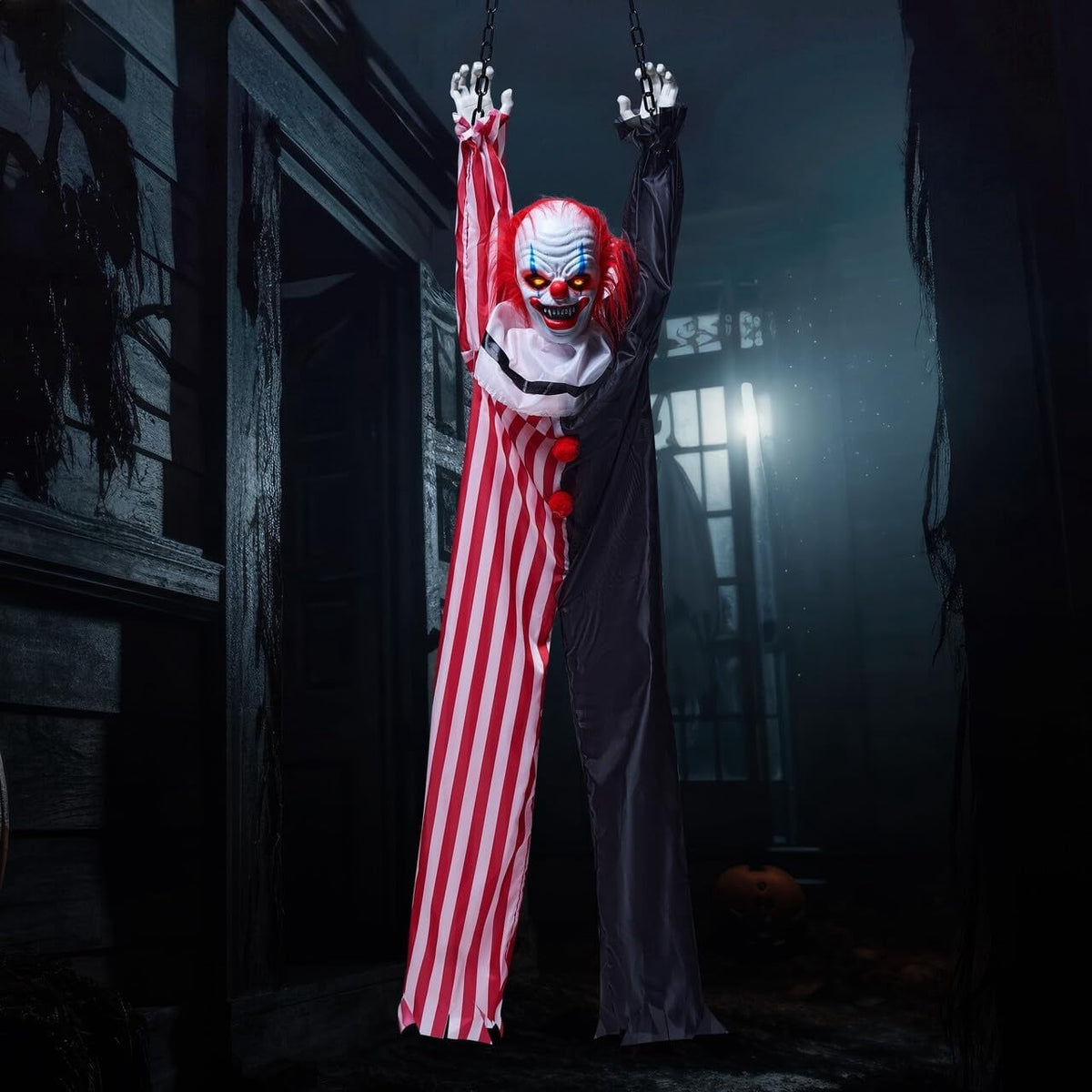 Joyfy 65" Halloween Hanging Scary Clown Decorations with Chain, with LED Lights Talking Animatronics Decor Outdoor Indoor for Haunted House Lawn Yard Patio