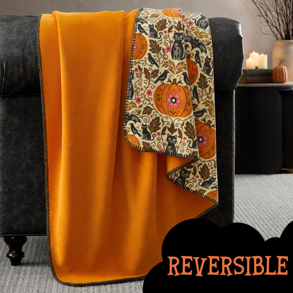 Boo-tique Halloween Plush Soft Oversized Couch Throw Blanket, Cats and Pumpkins, Orange, 50 x 72 in