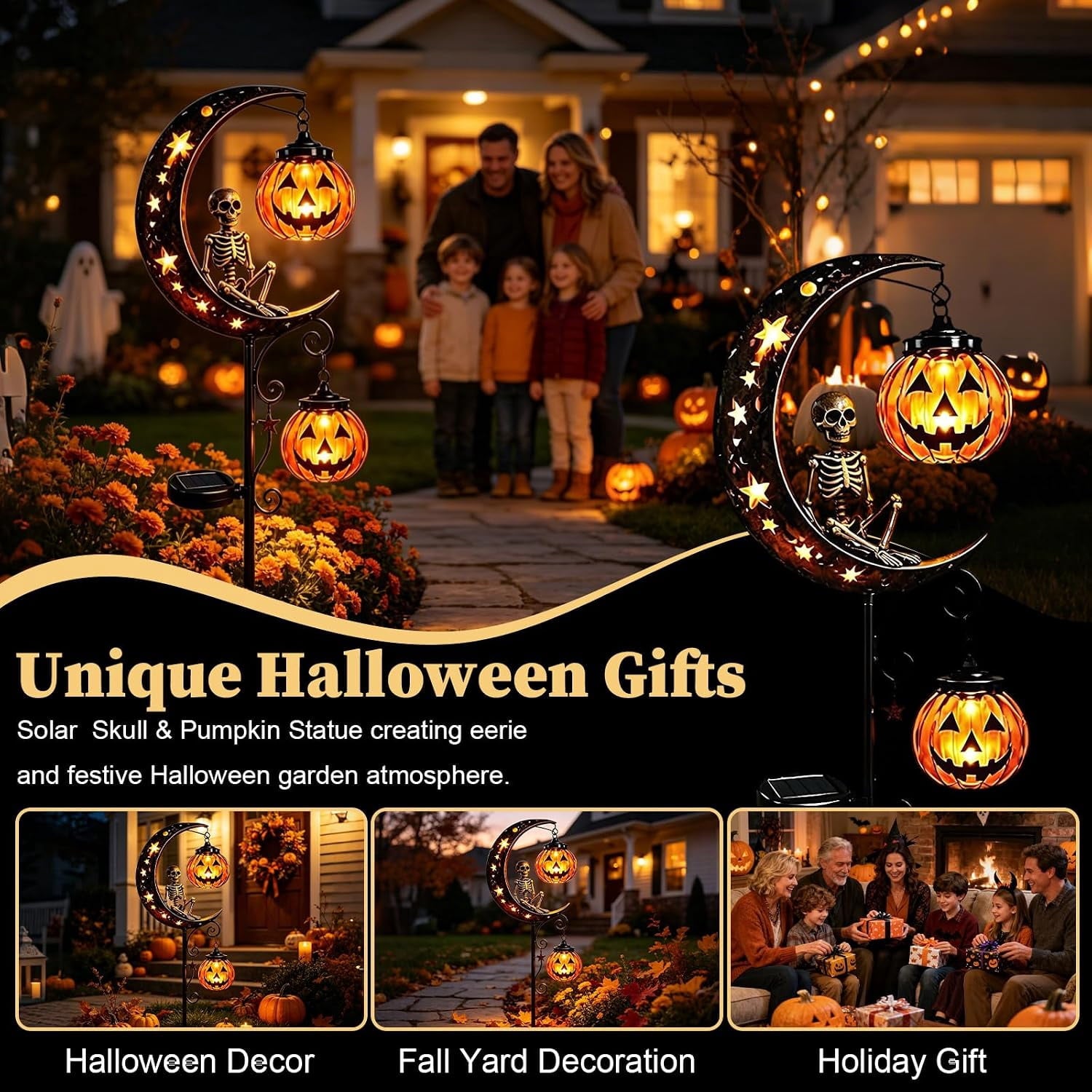 Solar Halloween Black Cat & Pumpkin Moon Garden Stake Light | Waterproof Metal Black Cat Yard Ornament, Auto On Off Solar Outdoor Light, Fall Halloween Decor Stake for Lawn Patio Pathway