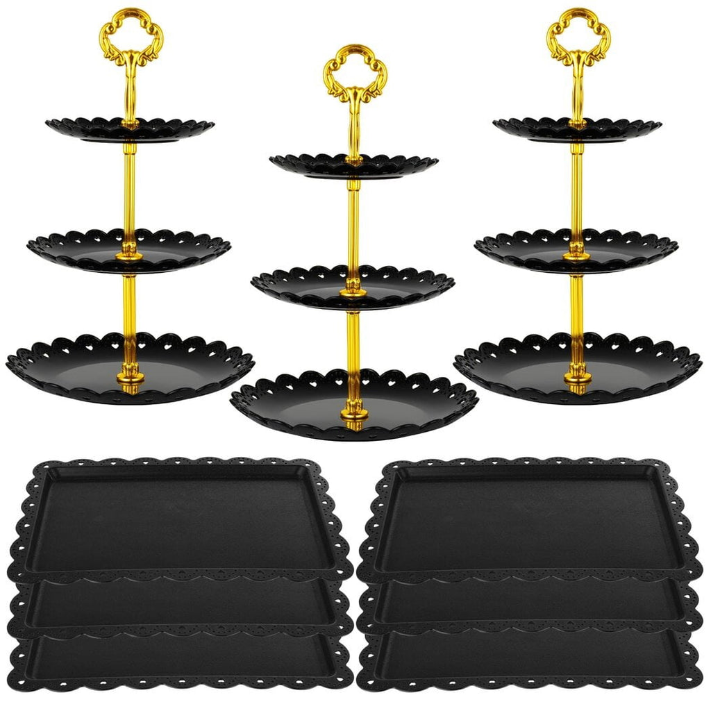 9 Pcs Dessert Table Display Set, 3 Pcs 3-Tiered Cupcake Stands & 6 Pcs Square Dessert Serving Trays, Elegant Cake Stands Fruit Trays for Birthday, Wedding, Tea Party, Halloween