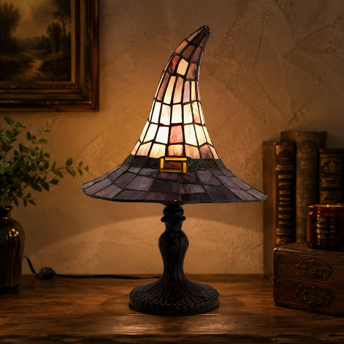 Clearance Halloween Table Lamp Decorations, Witch Hat Lamp Gifts - Handcrafted Retro Resin Witch Lamp, USB Powered Gothic Wizard Hats Night Light, Home Decor Accent Lamps for Bedroom