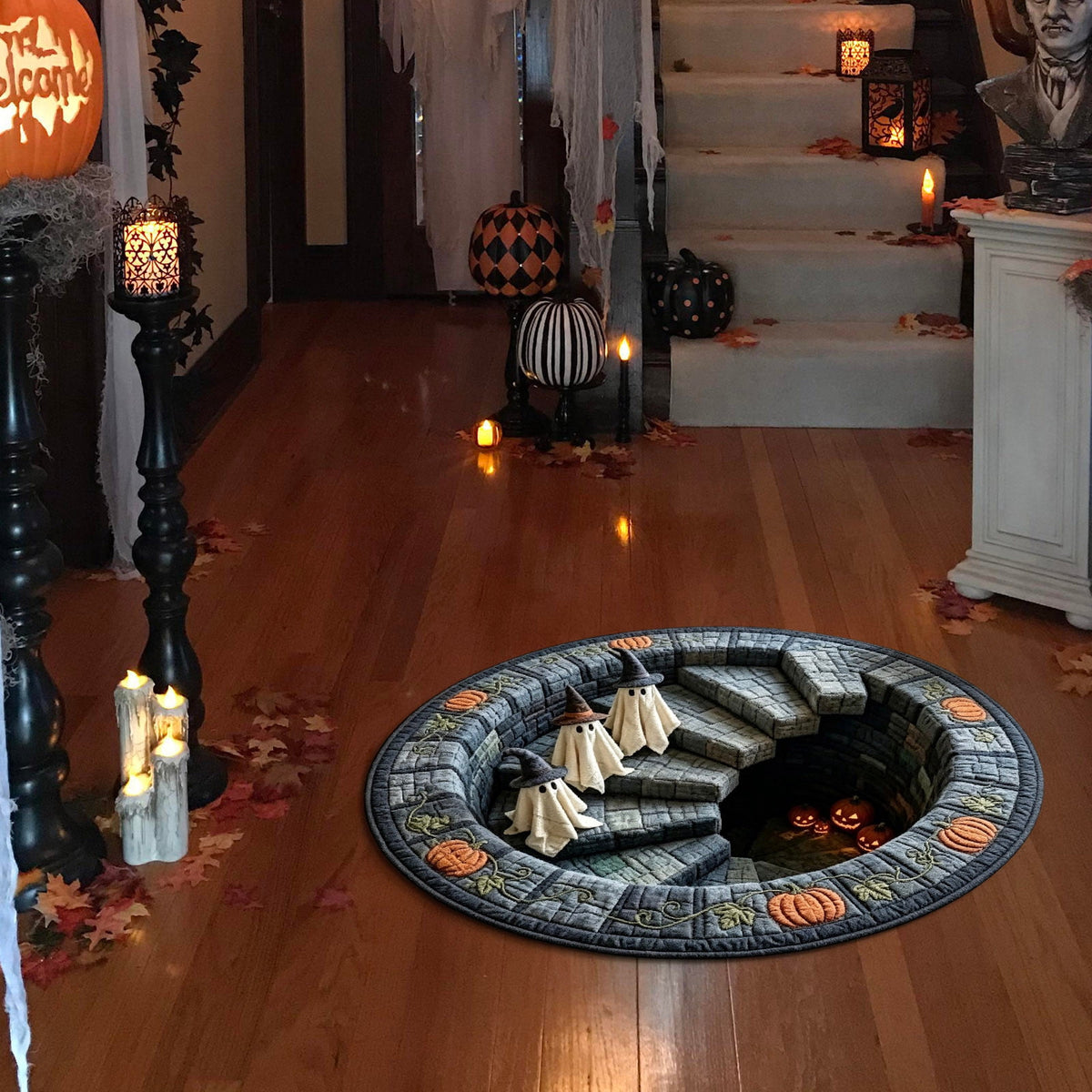 HHJZPR 3D Optical Illusion Halloween Round Rug, 23.6 Inch Spooky Pit Well Ghost Pumpkin Circular Floor Mat, Non Slip Halloween Indoor Front Door Decor Carpet