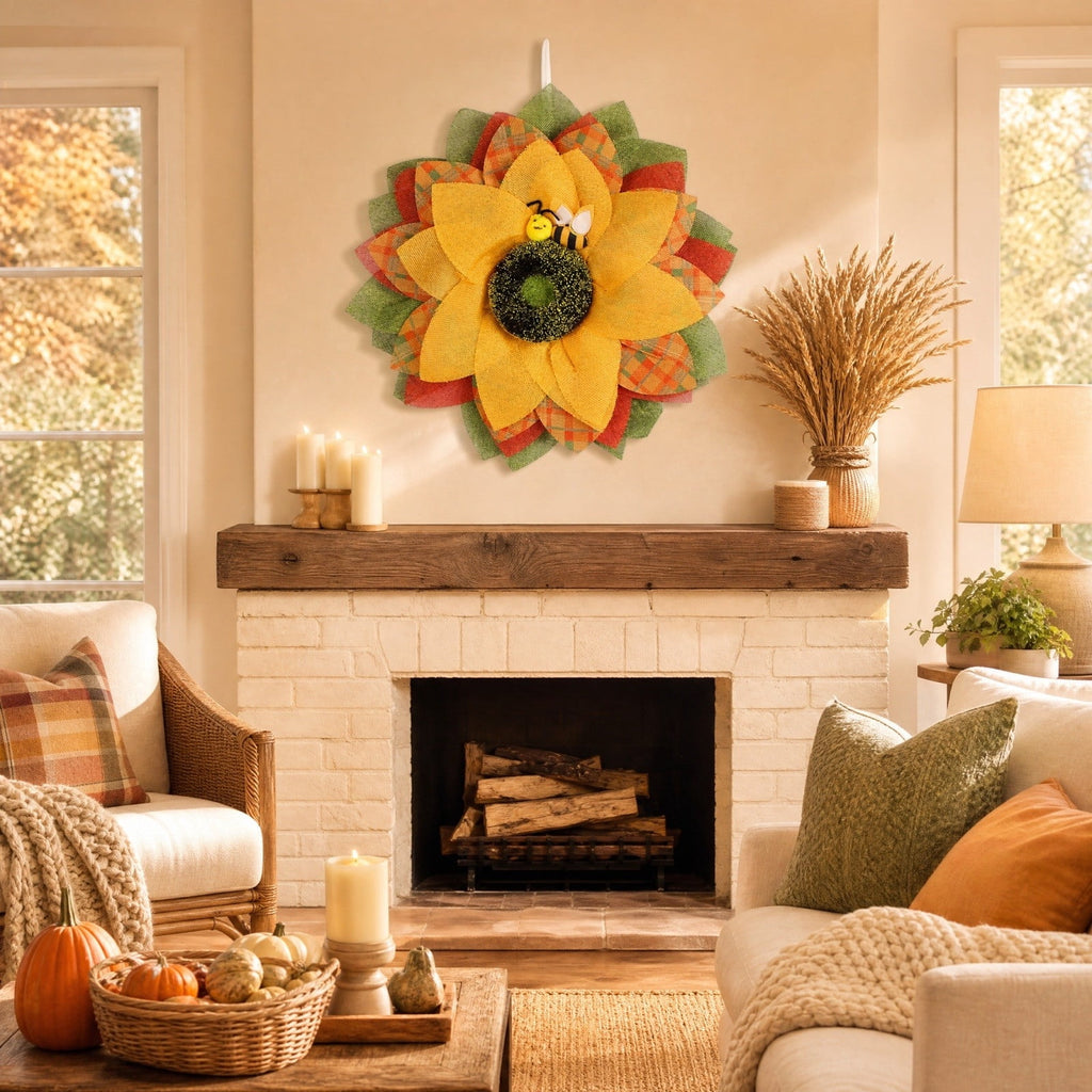 HOARBOEG Autumn Harvest Sunflower Wreath, Artificial Pumpkin Maple Leaf Fall Wreath for Front Door, 21.65 in Thanksgiving Wall Hanging Decor, Outdoor Indoor Harvest Decor