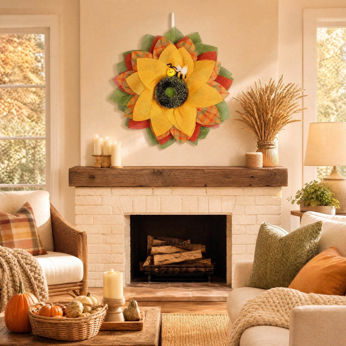 HOARBOEG Autumn Harvest Sunflower Wreath, Artificial Pumpkin Maple Leaf Fall Wreath for Front Door, 21.65 in Thanksgiving Wall Hanging Decor, Outdoor Indoor Harvest Decor