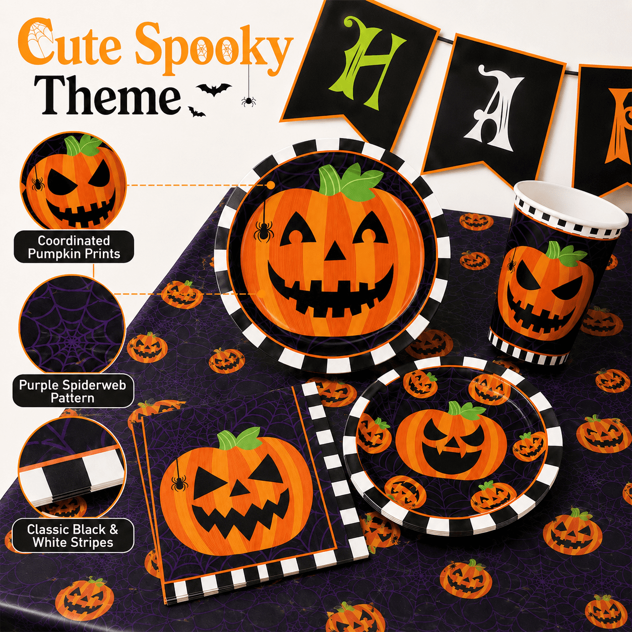 Halloween Paper Plates for Halloween Party Decoration Disposable Cups Napkins Table Cover for Halloween Banner Birthday Party Supplies Serve 20 Design 3