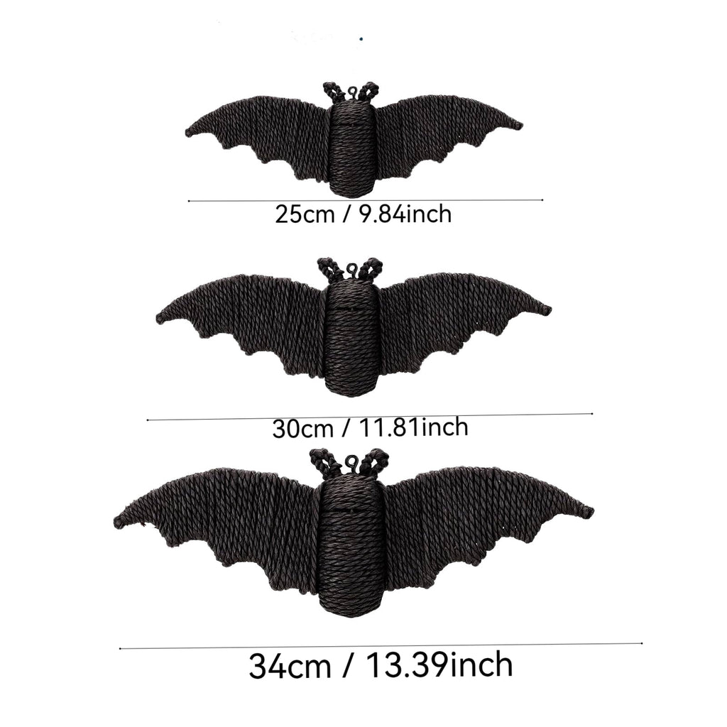 3 Pcs Woven Rattan Bat Wall Hanging Halloween Decor, 3D Scary Handcrafted Black Rope Bats, Rustic Natural Farmhouse Halloween Creepy Decorations for Home Fireplace Door, 13.39/11.81/9.84 Inch