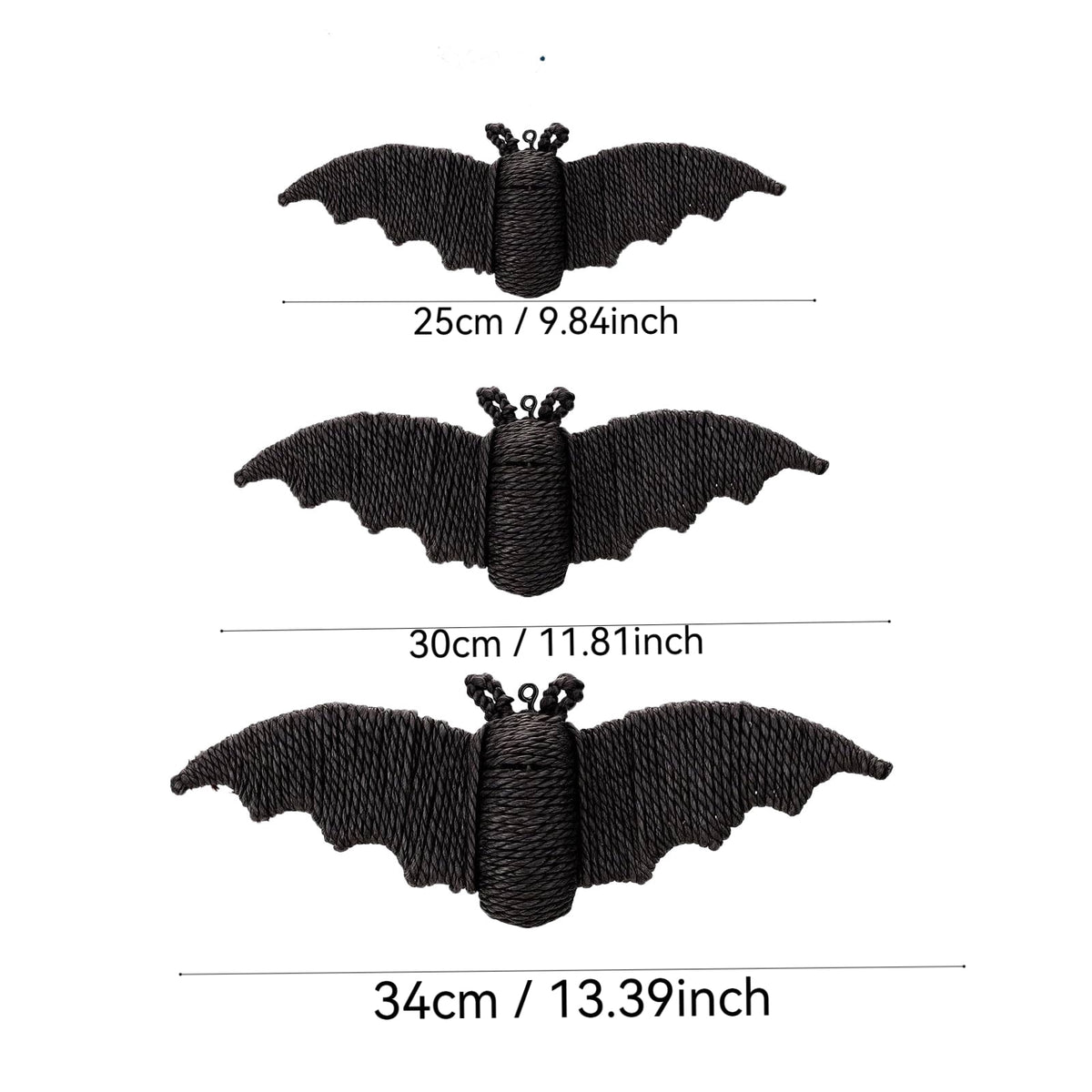 3 Pcs Woven Rattan Bat Wall Hanging Halloween Decor, 3D Scary Handcrafted Black Rope Bats, Rustic Natural Farmhouse Halloween Creepy Decorations for Home Fireplace Door, 13.39/11.81/9.84 Inch