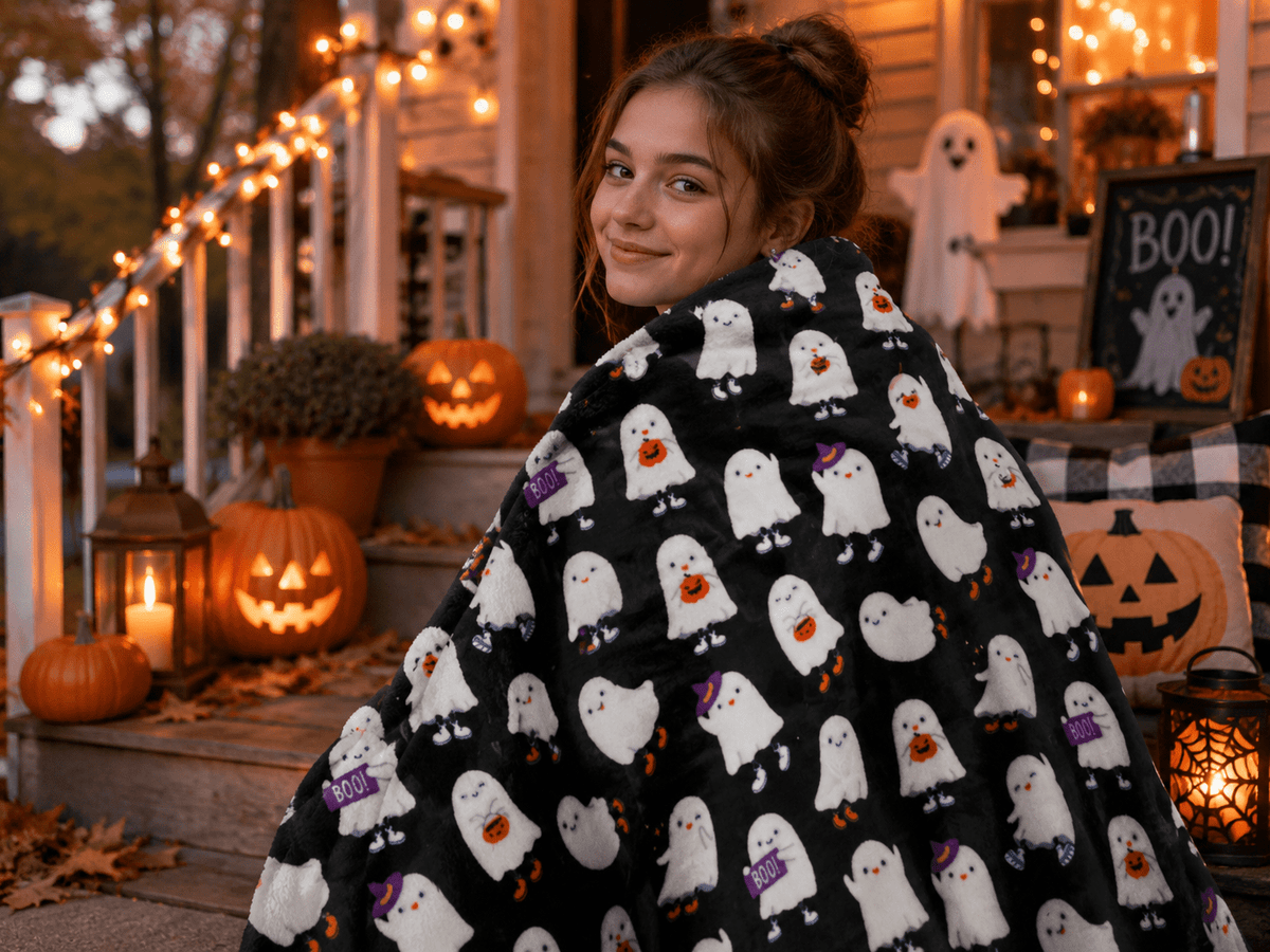 Serafina Home Halloween Throw Blanket: Fuzzy Boo! Jack O'Lantern Spider Webs Skull and Black Cats Print on Velvet Fleece for Sofa Bed Couch Chair Dorm