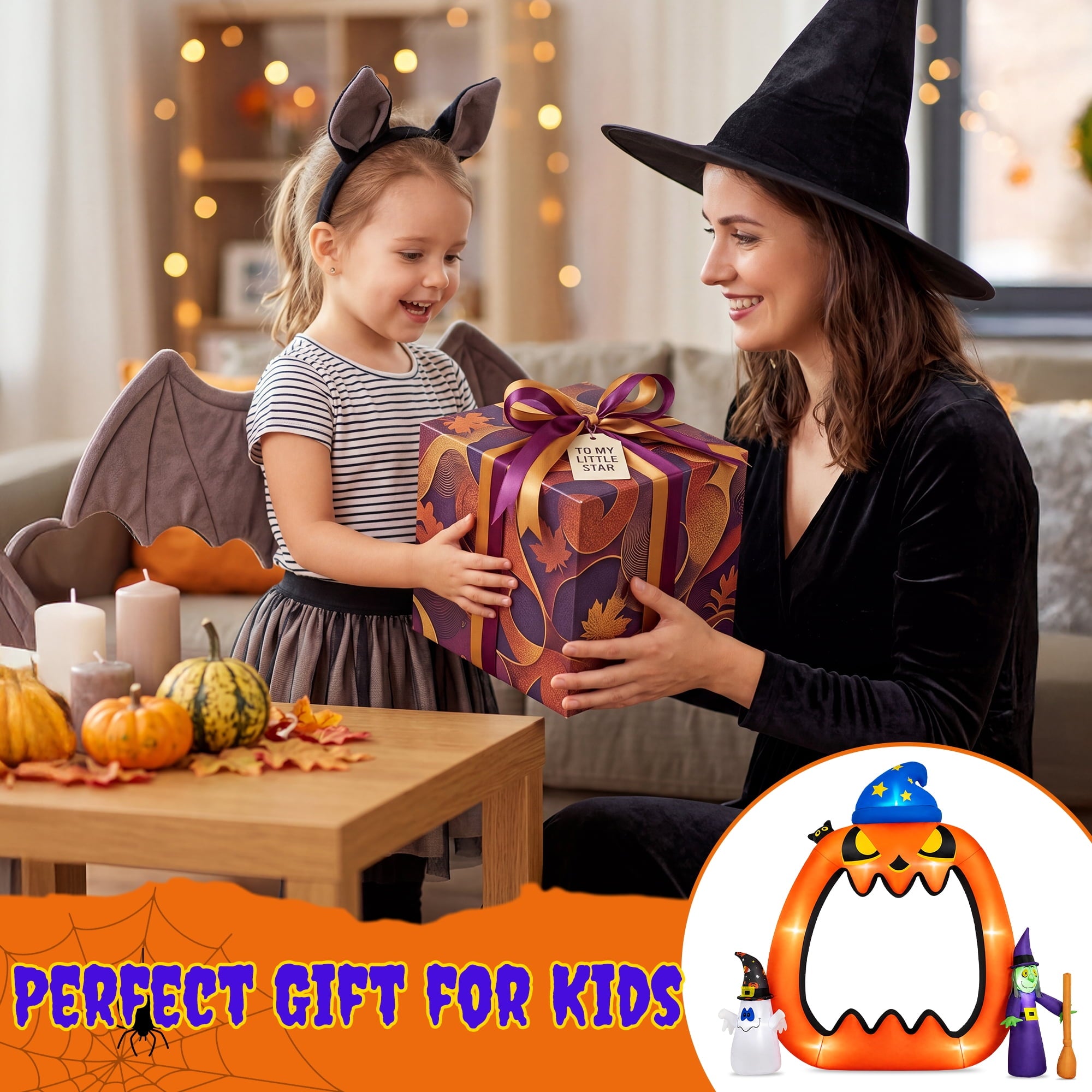 Firstness 8.2ft Halloween Inflatable Pumpkins Photo Door with Ghost Witch Yard Party Outdoor Decorations with LED Lights